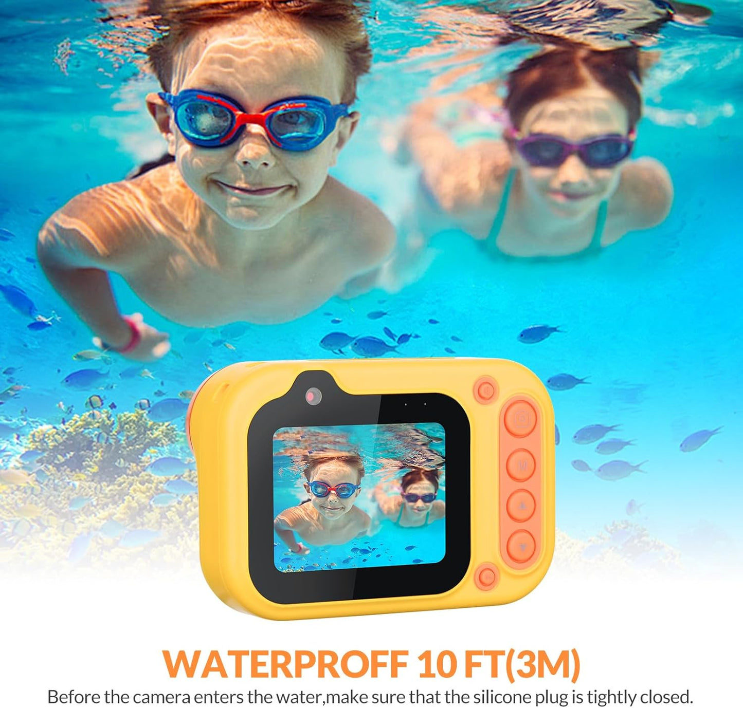 Mafiti Kids Waterproof Digital Camera Underwater Camera for Snorkeling and Diving 48MP 1080P HD Digital Camera with 2.4" IPS Display USB Rechargeable for Videos and Photos with 32GB Card Orange