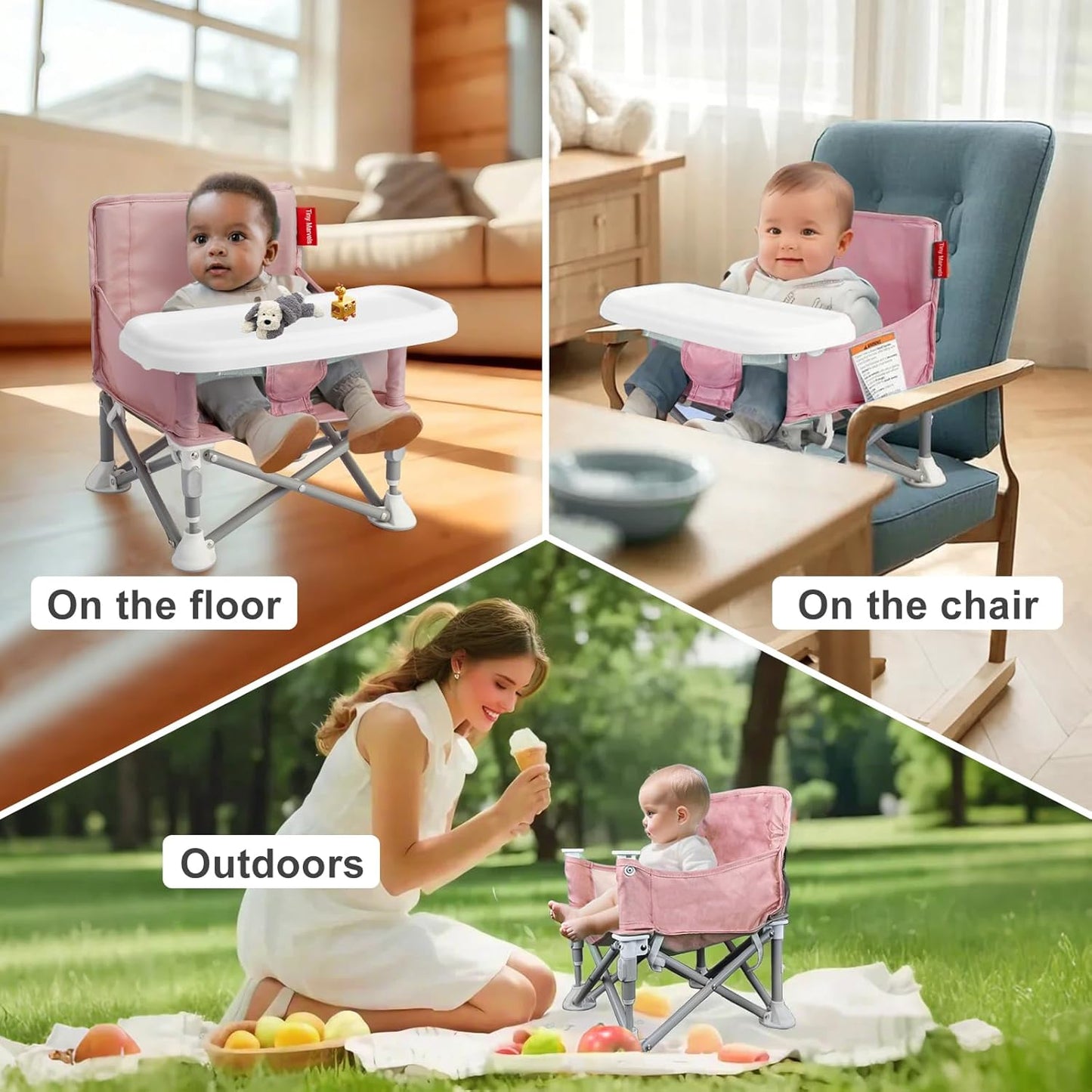 Tiny Marvels Portable 3-in-1 Baby Booster Seat – Cozy Floor Seat, Feeding Seat with Tray, Toddler Booster – Compact, Foldable, Safe with Child Safety Belt Carry Bag – Perfect for Travel & Family Time