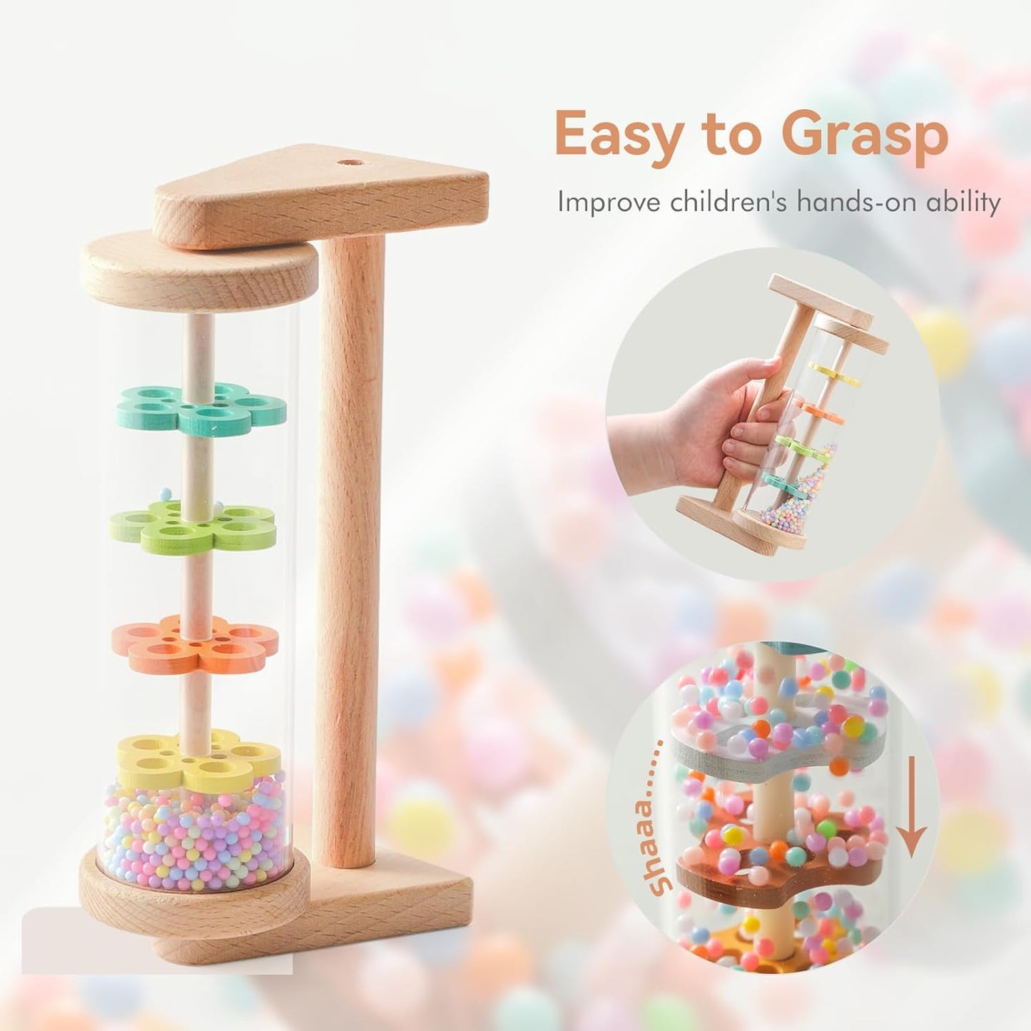 WOODEN TEETHER Wooden Soothing Rain Stick with Handle for 12 Months+ Babies Montessori Musical Baby Rattle Toys Calming Rainmaker for Early Sensory Development & Home Play