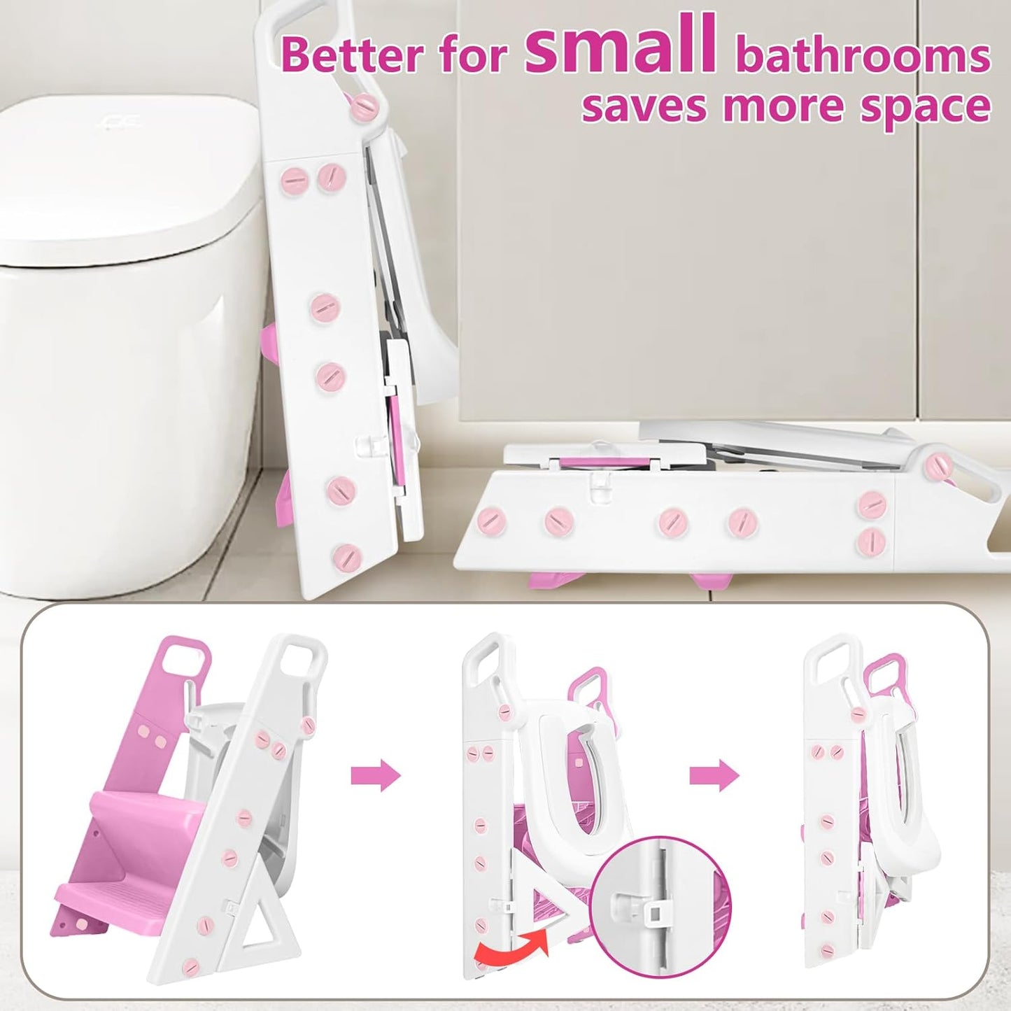Easy Storage Potty Training Seat with Ladder, Adjustable Step and Toilet Seat Height, Easy-Grip Handles for Climbing, Foldable Portable Toddler Toilet Trainer, Perfect for Small Bathrooms