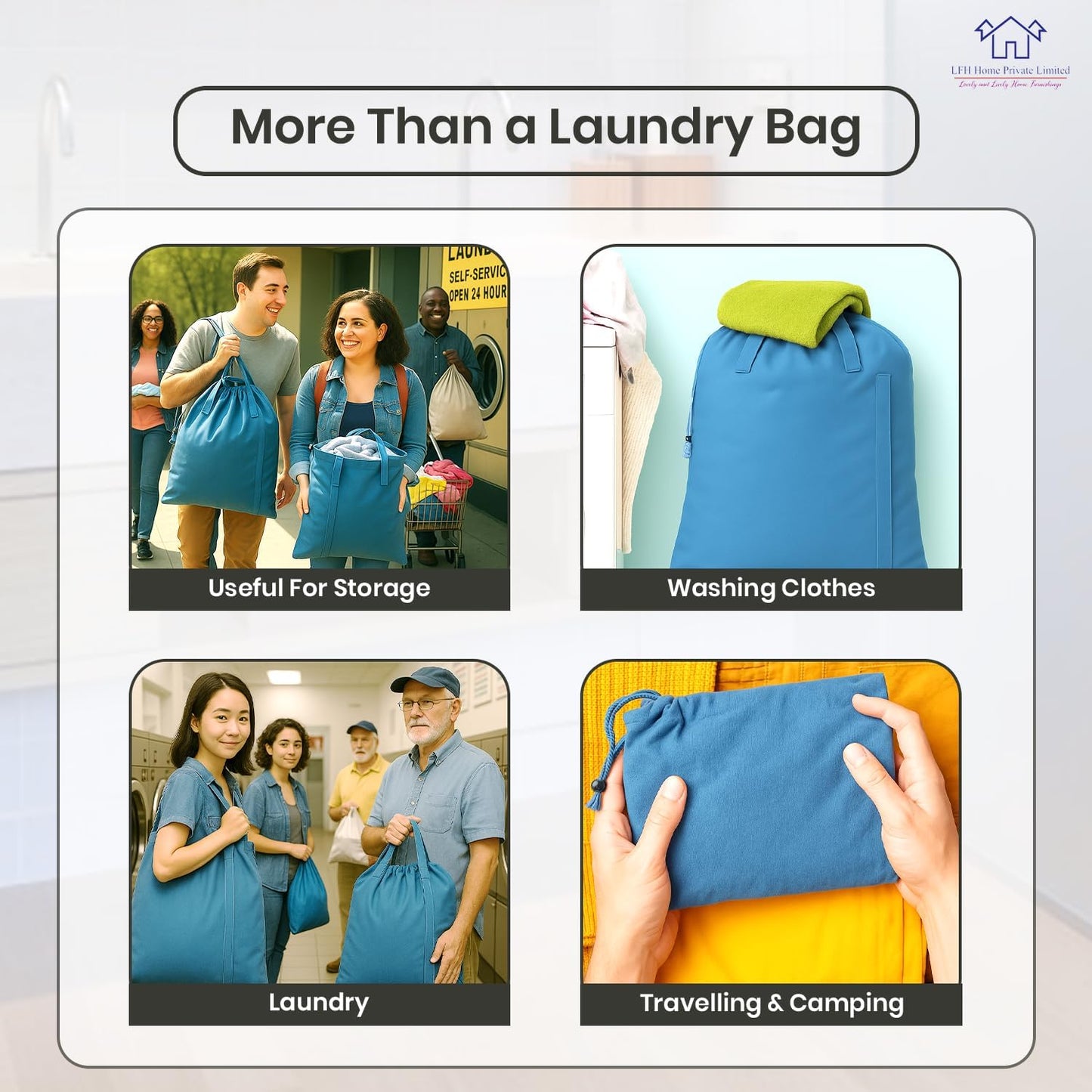 LFH Home Cotton Canvas Large Laundry Bag with Handle, Heavy Duty Drawstring Closure Washable Laundry Bags, School Travel, Home, Hotel, College Dorm, Organizer Sack, Toys Clothes 28x40-Sky Blue
