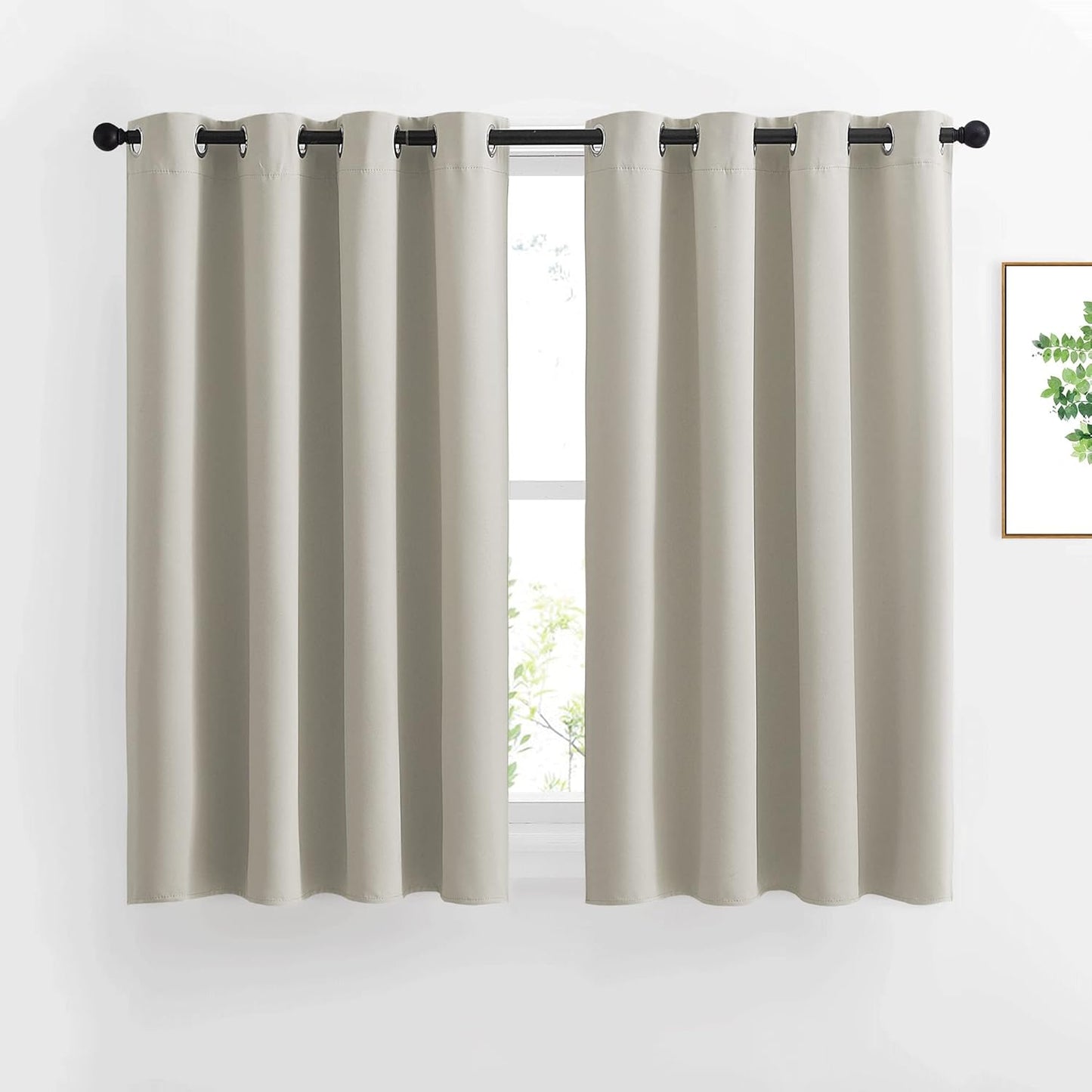 NICETOWN Blackout Kitchen Curtains 45 inch Length - Grommet Thermal Insulated Solid Vertical Drapes Room Darkening Sound Reducing for Bedroom, Natural, Set of 2, W52 x L45