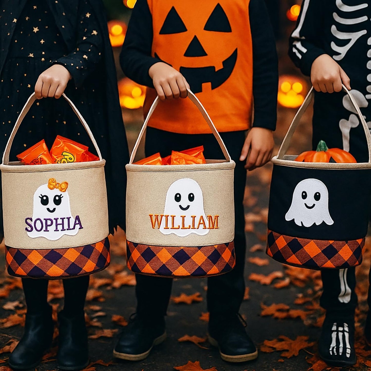 Personalized Halloween Trick or Treat Bag with Name – Custom Embroidered Candy Bucket for Kids, Cute Ghost Design Basket, Reusable Fabric Canvas Pumpkin Tote Gifts for Boys & Girls (Ghost)