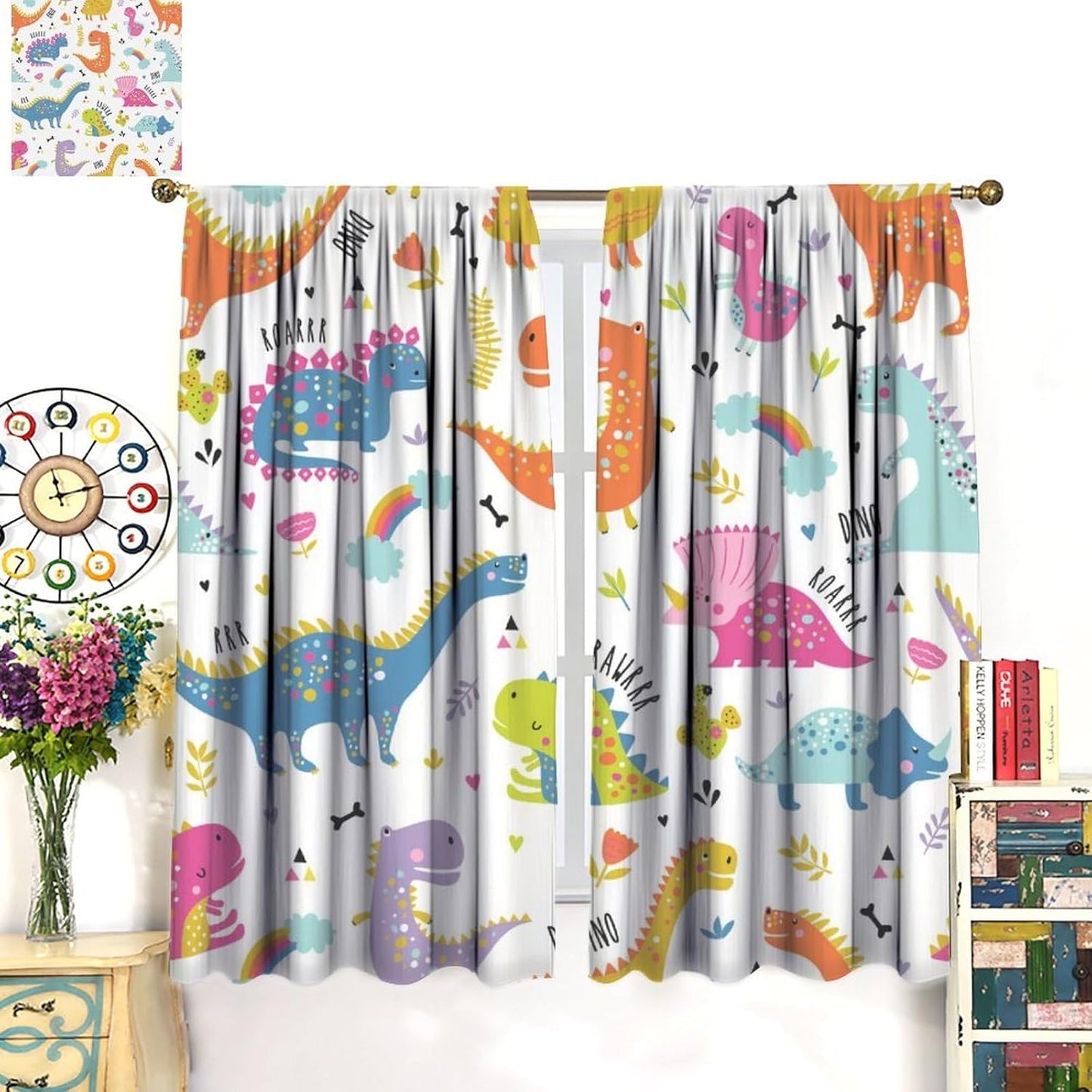 Cartoon Dinosaur Curtains for Kids Boys Girls Home Decor Childish Cute Dino Animals Print Pattern Rod Pocket Blackout Window Drapes for Nursery Baby Bedroom Playroom W21xL54in 2 Panels