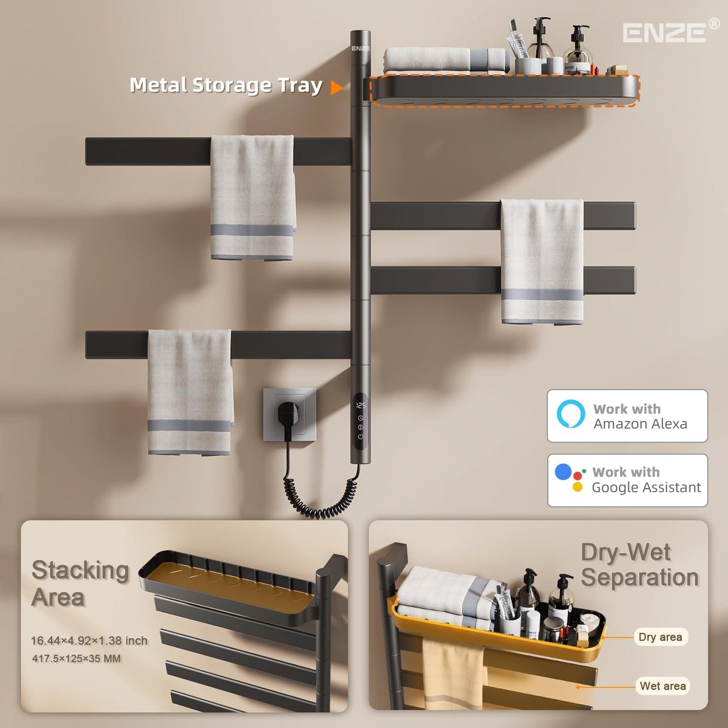 ENZE Smart Rotating Heated Towel Rack for Bathroom, Wall-Mounted Electric Towel Dryer with Swivel Bars & Shelf, Smart Timer, Low Carbon Steel, Plug-in/Hardwired, Towel Warmer with Wi-Fi App Control