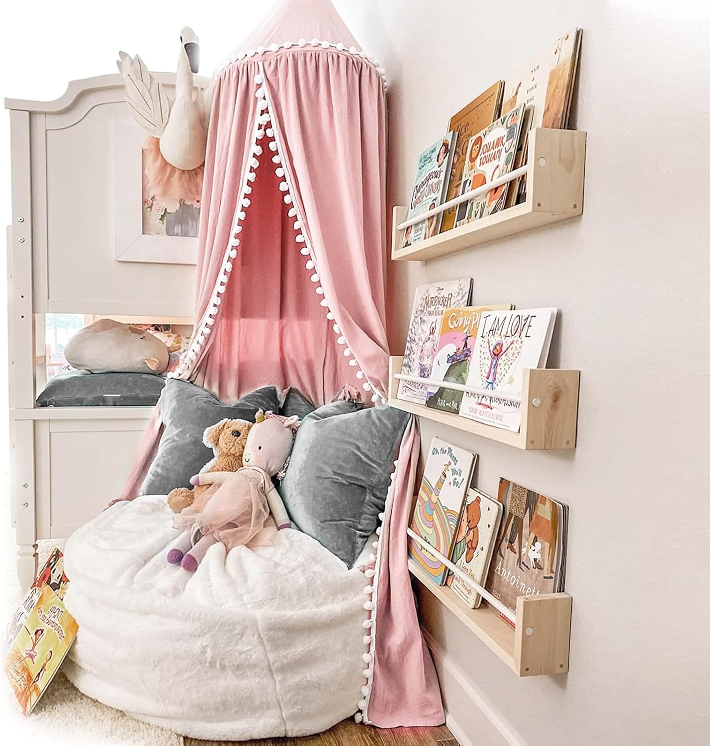 Bed Canopy with Pom Pom for Kids Crib Baby Girl Netting Cover Canopy Crib Curtain Reading Nook Hanging Tent Nursery Play Game Castle Room Decoration (Pink)