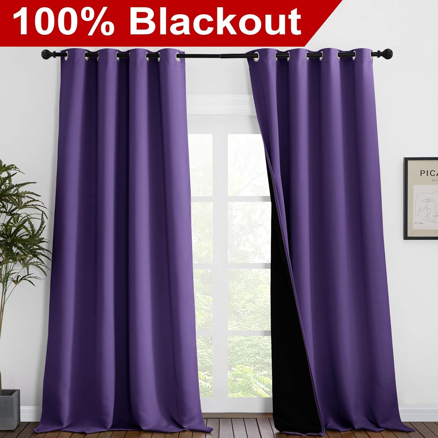 NICETOWN Total Shade Curtains and Draperies, Heavy-Duty Full Light Shading Drapes with Black Liner Backing for Villa/Hall/Dorm Window（Lilac Purple, Package of 2 Panels, 55 inches Wide x 96 inches Long