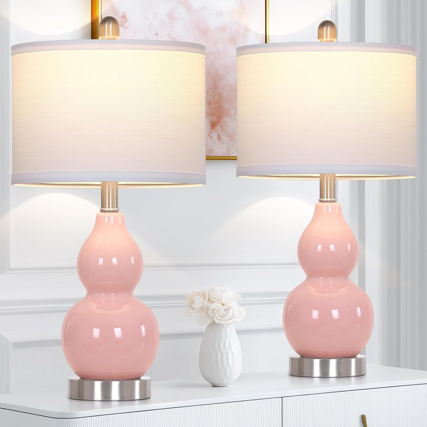 22" Double Gourd Ceramic Table Lamps Set of 2, Pink Modern Bedside Lamps for Living Room, Contemporary Nightstand Desk Lamps for Bedroom End Table Home Office Decor(2 LED Bulbs Included)
