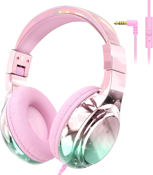 QearFun Kids Headphones Wired with Mic, 85/94dB Safe Volume Limit, Foldable Over Ear, Tangle-Free Cord & Sharing Port, Wired On-Ear Headset for School, Chromebook, Tablet, Travel - Boys & Girls