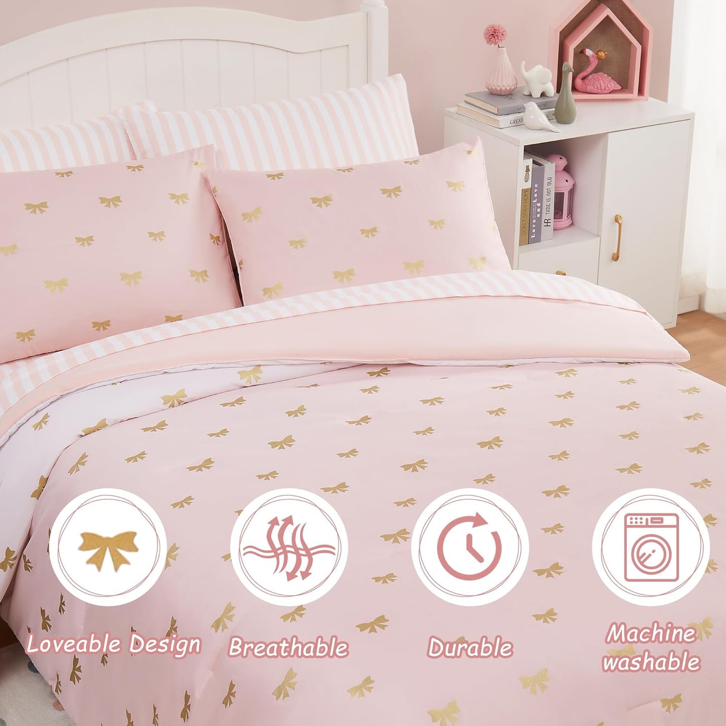 Queen Comforter Set with Sheets for Girls-7 Pieces Queen Bedding Sets with Pink Comforter, Sheets, Pillowcases & Shams for Kids (Pink Gold Bow, 90" X 90")