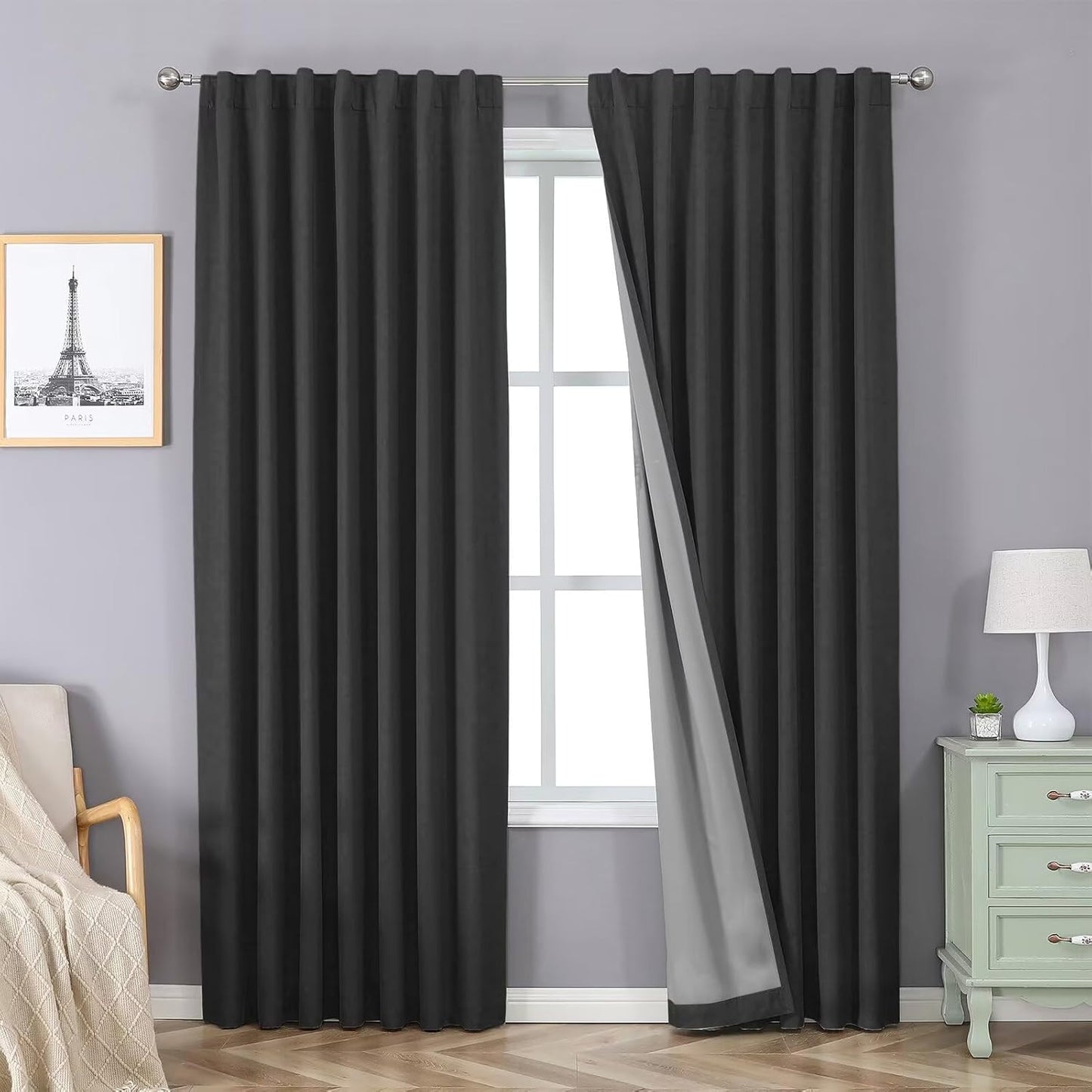 Joydeco 100% Blackout Curtains 108 inches Long for Bedroom Living Room - 2 Panels Set Burg Room Darkening Black Out Curtains for Bedroom Windows, Back tab Rod Pocket(52x108 inch,Black)