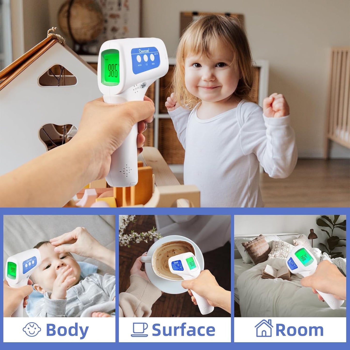 Berrcom Non Contact Forehead Thermometer Digital No-Touch Infrared Thermometers 3 in 1 for Adults and Kids Fever Check Thermometer Temperature Gun for Baby(Included 2X AAA Batteries)