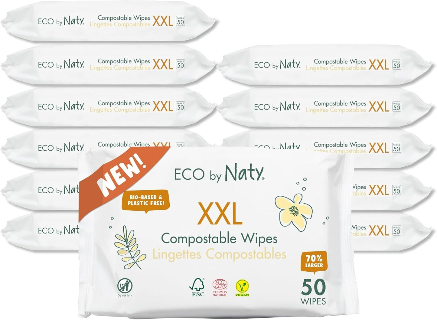 Naty Compostable XXL Baby Wipes - Unscented, 100% Plant-Based, Plastic-Free, Fragrance-Free, Hypoallergenic for sensitive skin and Dermatologically Tested (XXL - 600 Count - 12 Packs of 50)