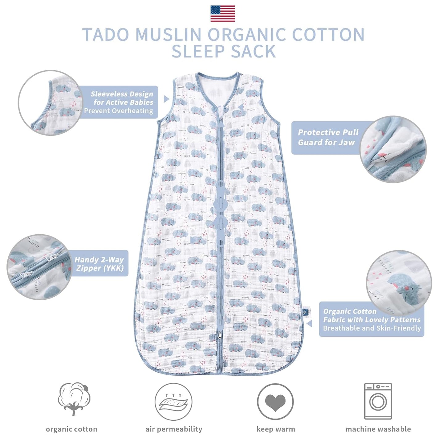 Baby Sleep Sack 0-6 Months Wearable Blanket for Babies 100% Organic Cotton 2-Way Zipper YKK 0.5 TOG Toddler Sleeping Sacks