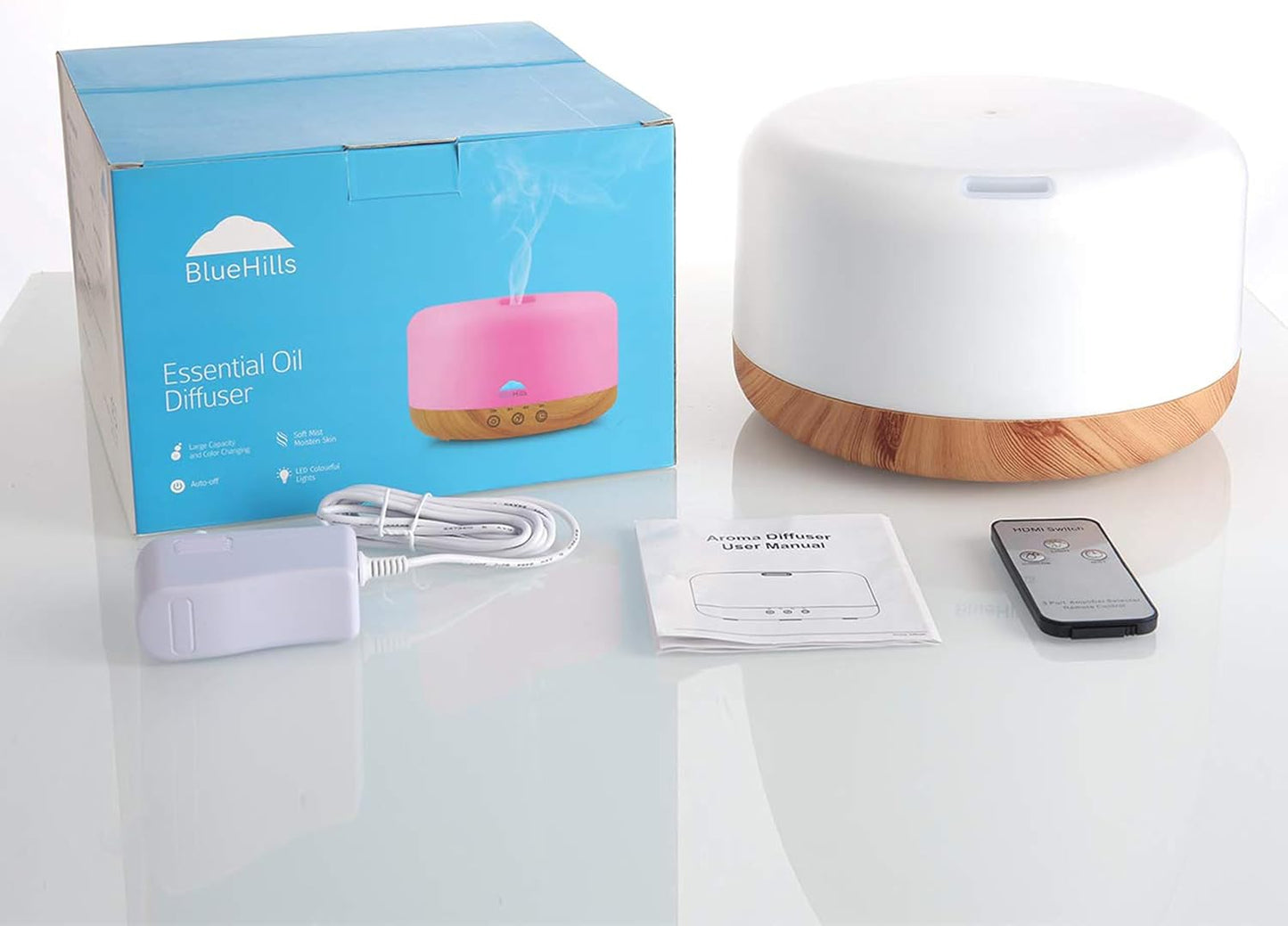 BlueHills Premium 1000 ML XL Essential Oil Diffuser Aromatherapy Humidifier with Remote Timer for Large Room Home 18 Hour Run Huge Coverage Area 1 Liter Mood Light Extra Large Capacity Wood Grain D004