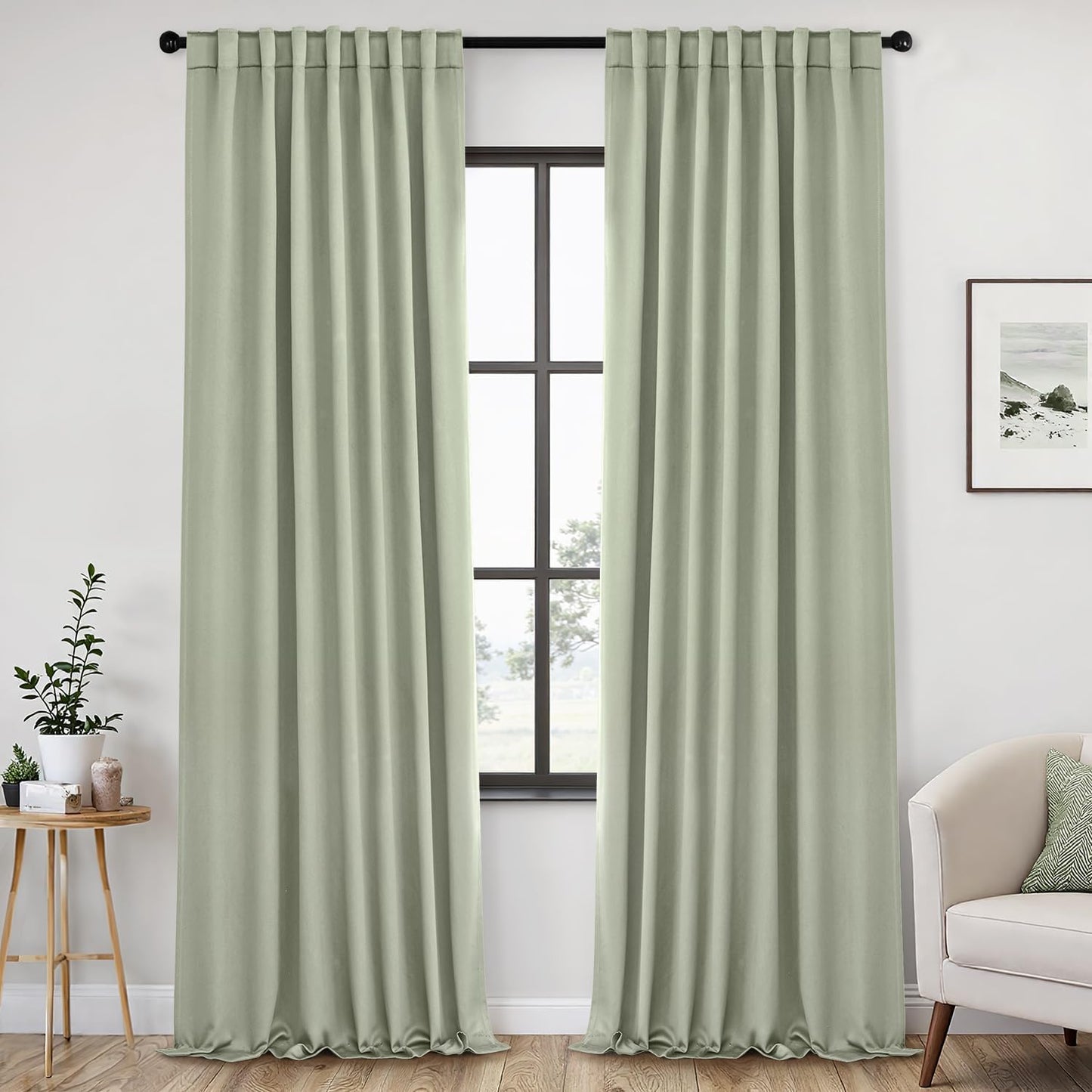 ANRODUO Extra Long 102 Inch Blackout Curtains Sage Green Room Darkening Light Blocking Curtains 2 Panels Set Thermal Insulated Blackout Drapes with Hooks, Rings, Clips