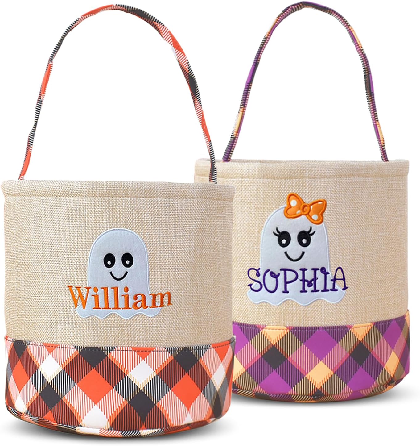 Personalized Halloween Trick or Treat Bag with Name – Custom Embroidered Candy Bucket for Kids, Cute Ghost Design Basket, Reusable Fabric Canvas Pumpkin Tote Gifts for Boys & Girls (Ghost)