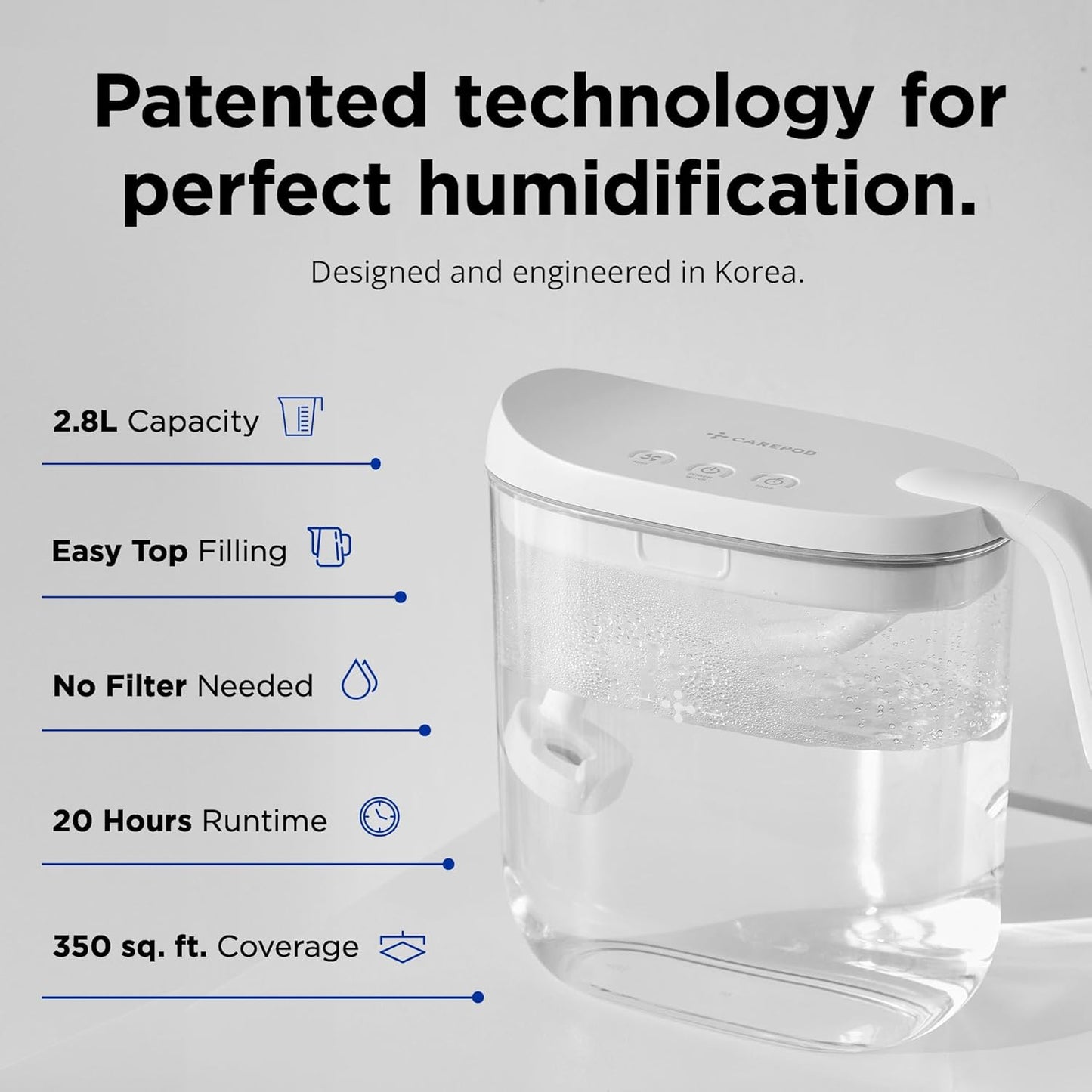 Carepod Mini 21P Ultrasonic Cool Mist Humidifier for Bedroom, Quiet & Safe for Baby, Transparent, Only 3 Washable Parts & Easy to Clean, Filter-Free, Automatic Shut-off, Lasts 20Hrs (0.74Gal/2.8L)