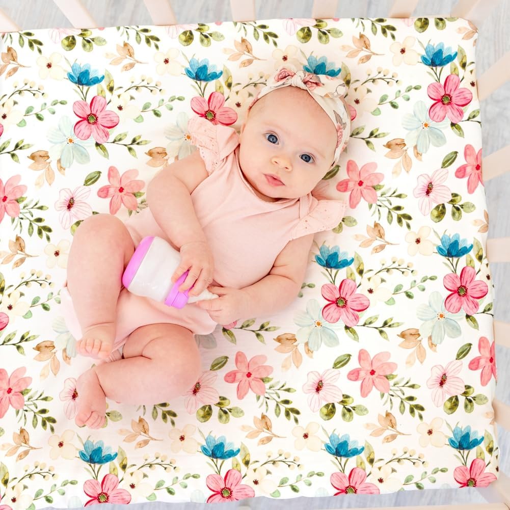 4 Pack Baby Girl Crib Sheets Set Soft Fitted Floral or Elephant Theme Baby Girl Mattress Covers Breathable Toddler Bed Sheets for Infant or Newborn Girls (Flower, Crib Sheets)