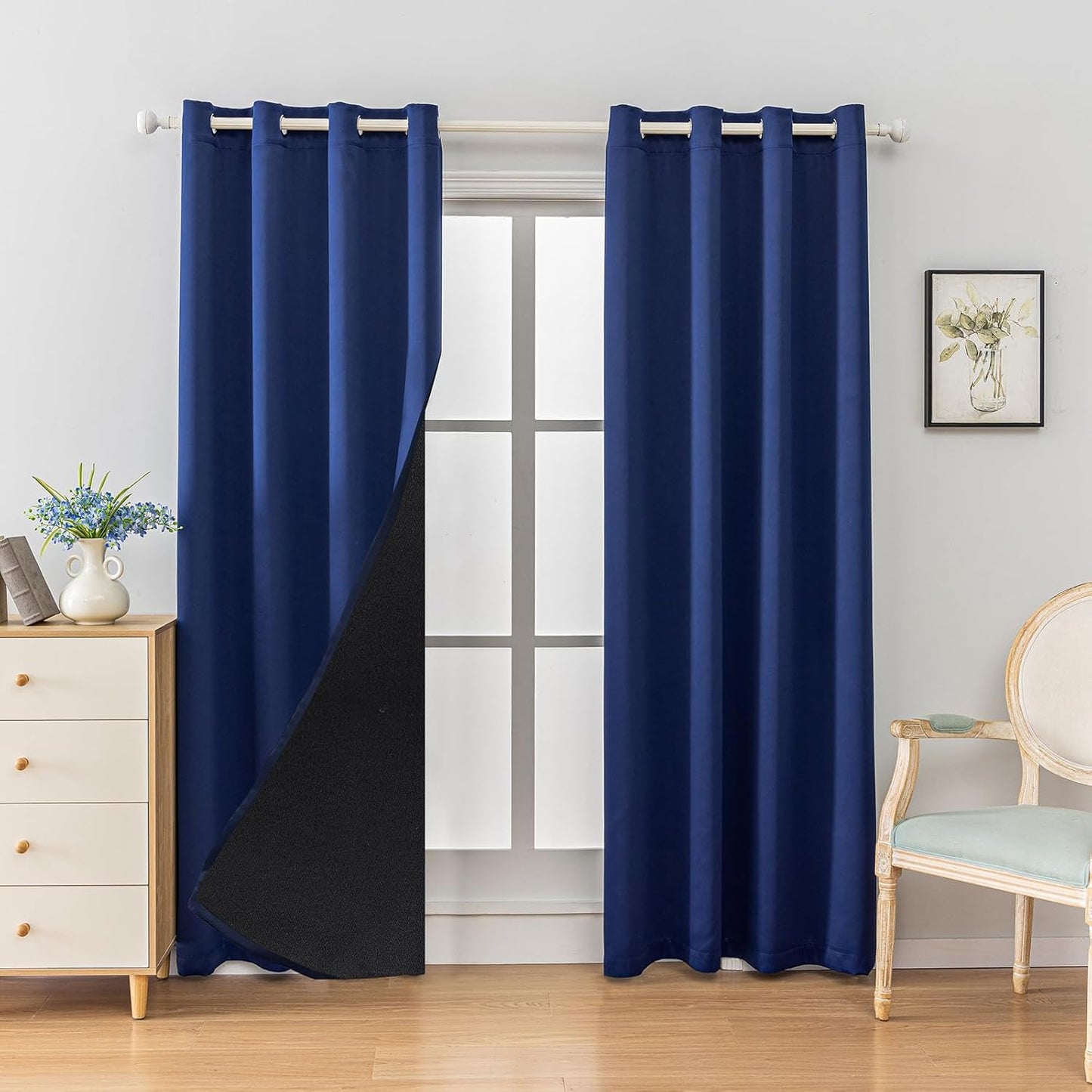 Anytime 100% Blackout Curtain Set, Thermal Insulated & Energy Efficiency Window Draperies for Guest Room, Full Shading Panels for Shift Worker and Light Sleepers（Navy Blue, 2 Panels, 52W x 108L）
