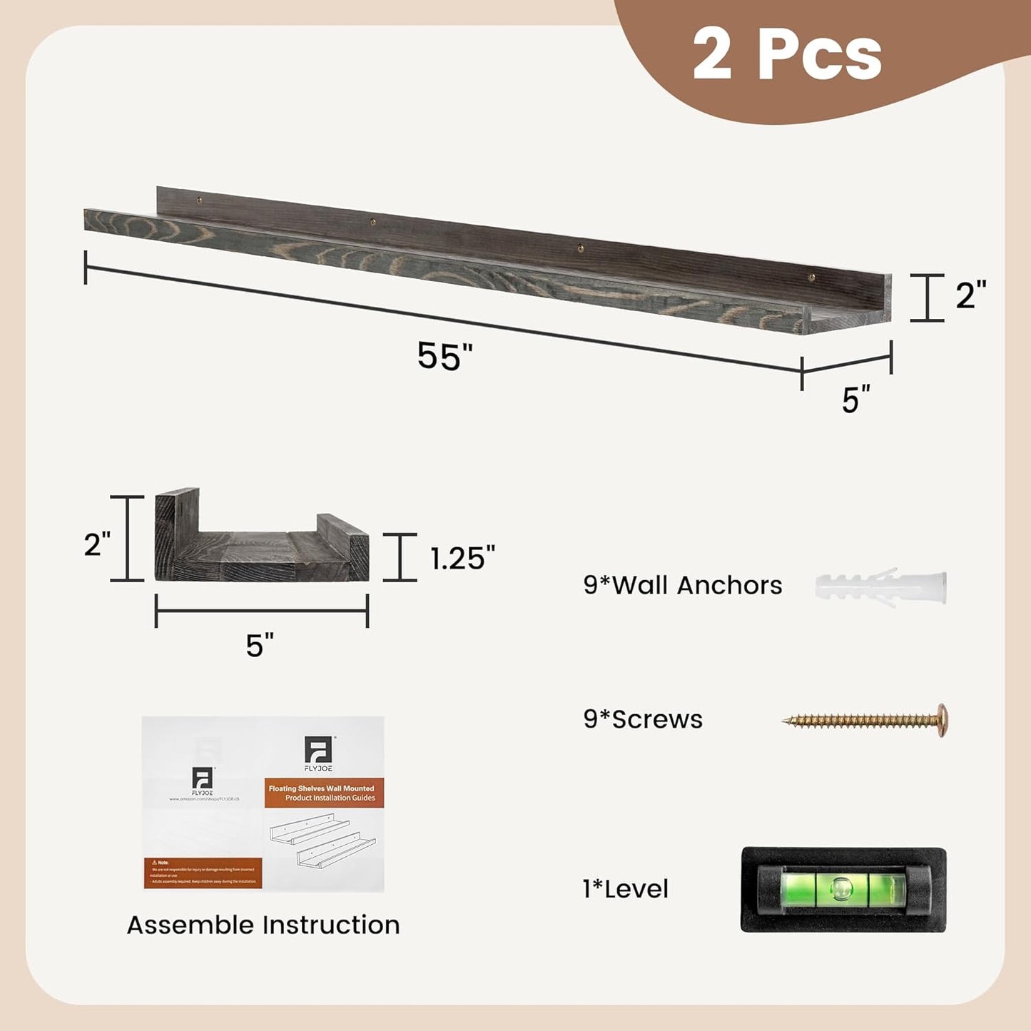 Picture Ledge Shelf, Floating Shelves Set of 2, Solid Pine Wood 55'' Long Large Nursery Book Shelves for Toys Storage, Kids Bookshelf for Living Room Bedroom Decor Books Photo Frames, Grey