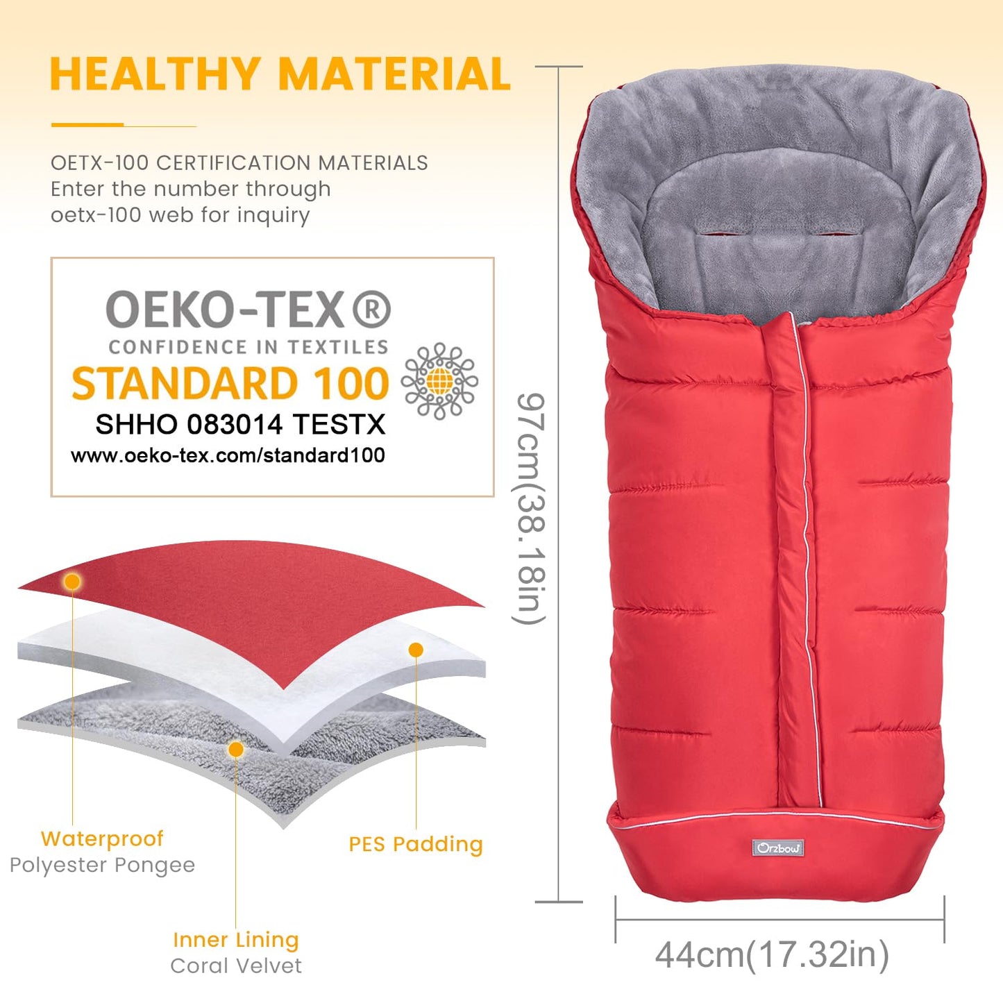 Orzbow Warm Bunting Bag Universal,Stroller Sleeping Bag Cold Weather,Waterproof Toddler Footmuff(Red,Large)