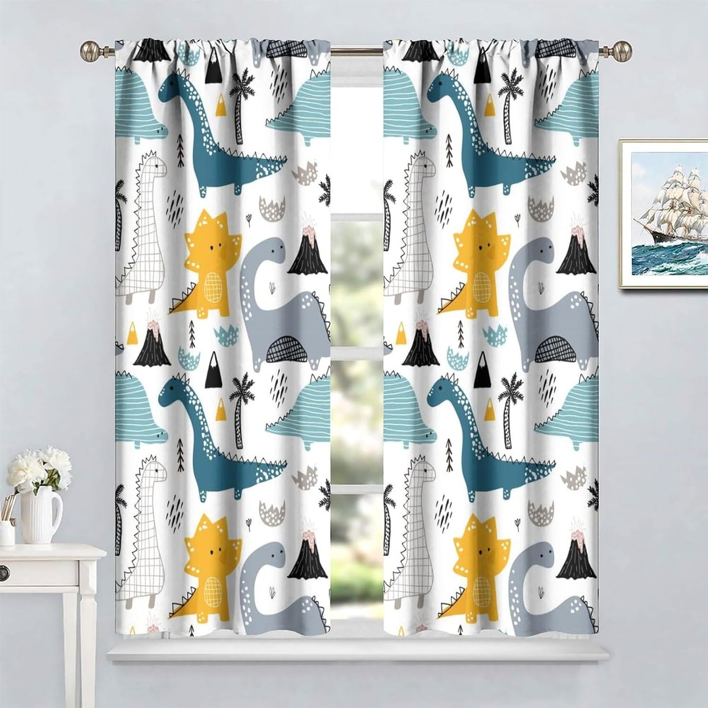 Kids Dinosaur Curtains for Boys Girls Bedroom Decor Cartoon Dino Colorful Cute Funny Wildlife Animal Printed Blackout Rod Pocket Window Drapes for Baby Nursery Playroom Living Room W21xL54in 2 Panels