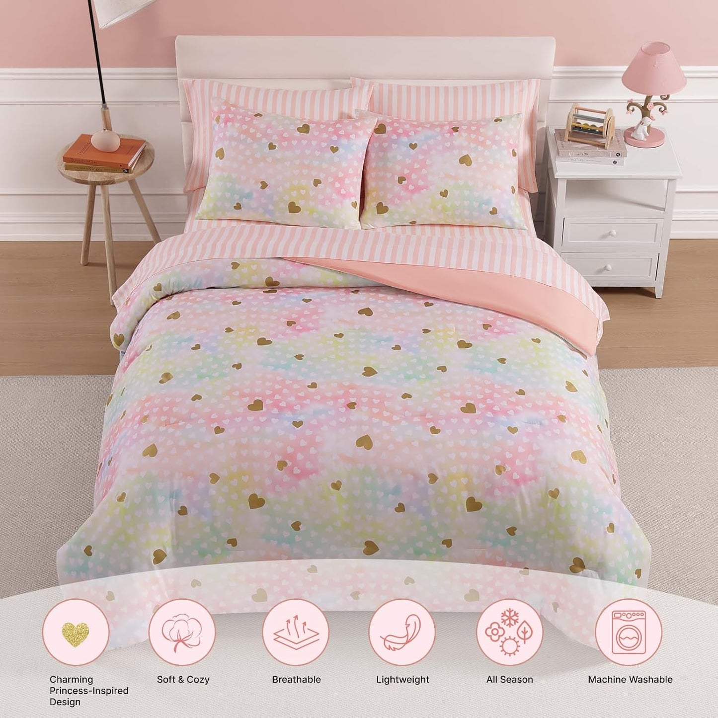 Full Size Comforter Sets with Sheets for Girls-7 Pieces Full Size Bedding Sets with Pink Comforter, Sheets, Pillowcases & Shams for Kids (Colorful Gold Heart, 76" X 86")