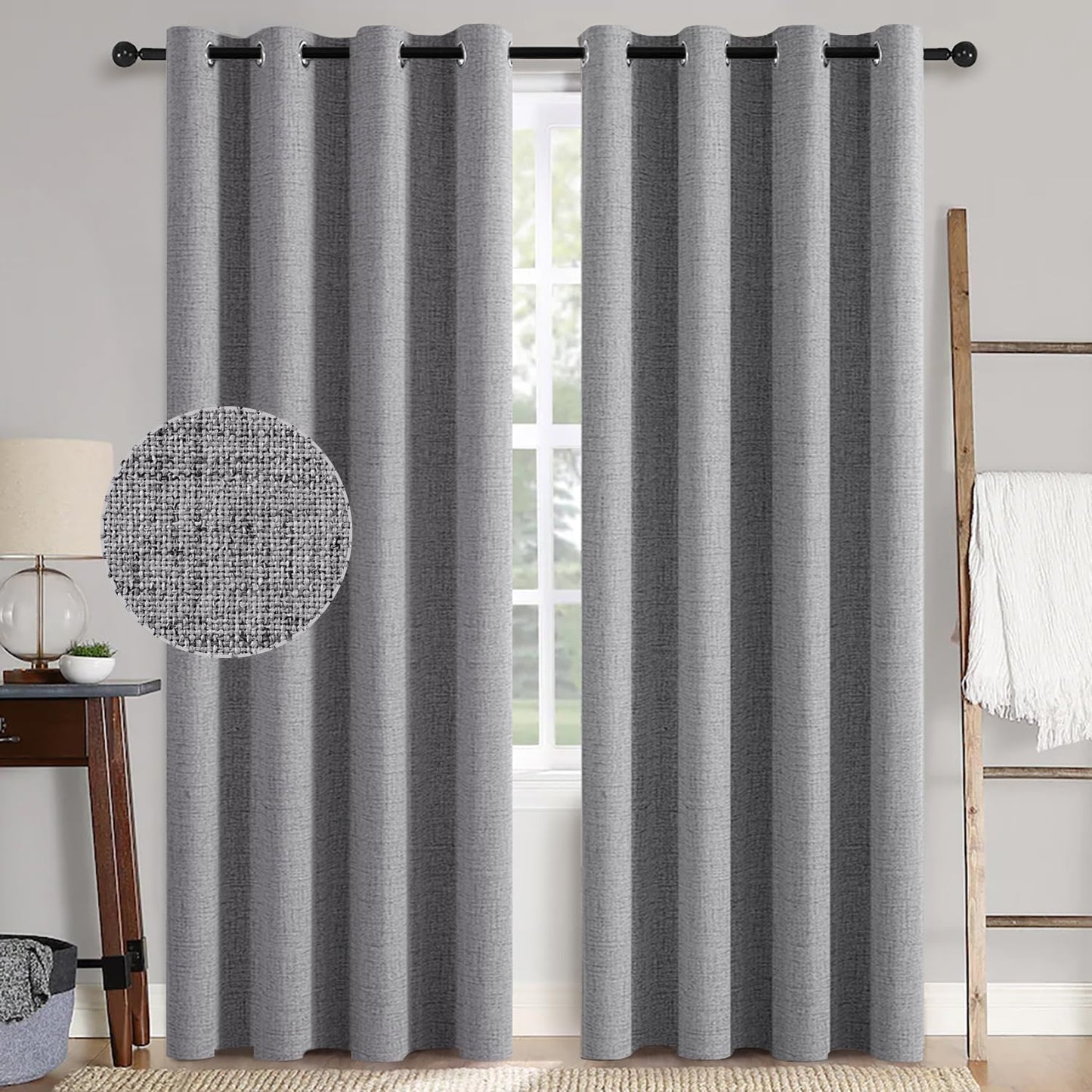 MIULEE Linen Texture Curtains for Bedroom Solid 100% Blackout Thermal Insulated Grey Curtains Grommet Room Darkening Curtains/Draperies Luxury Decor for Living Room Nursery 52x96 Inch (2 Panels)