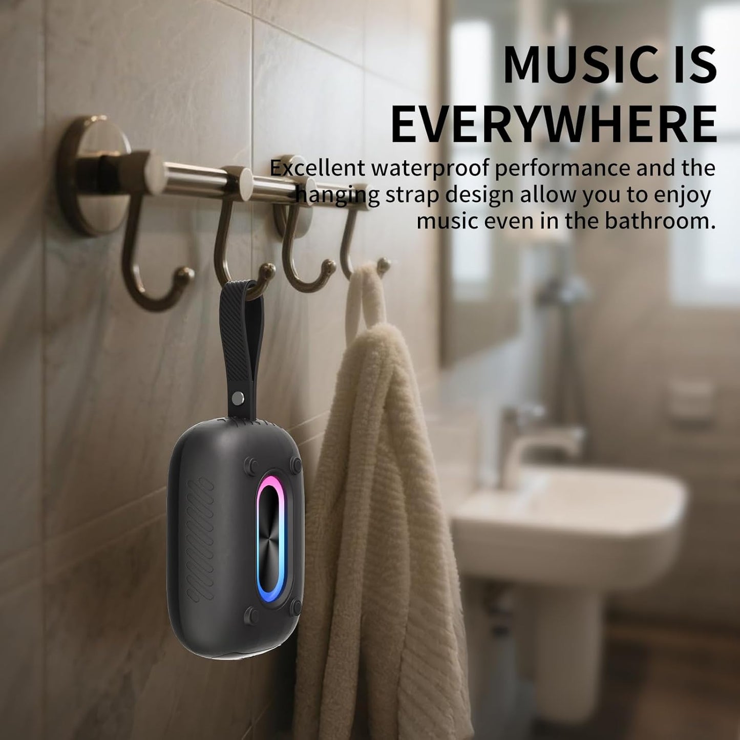 Waterproof Shower Bluetooth Speaker, Durable & Portable with Clear Sound, Ideal for Shower, Pool, Beach & Kayaking, BT 5.3 –Black