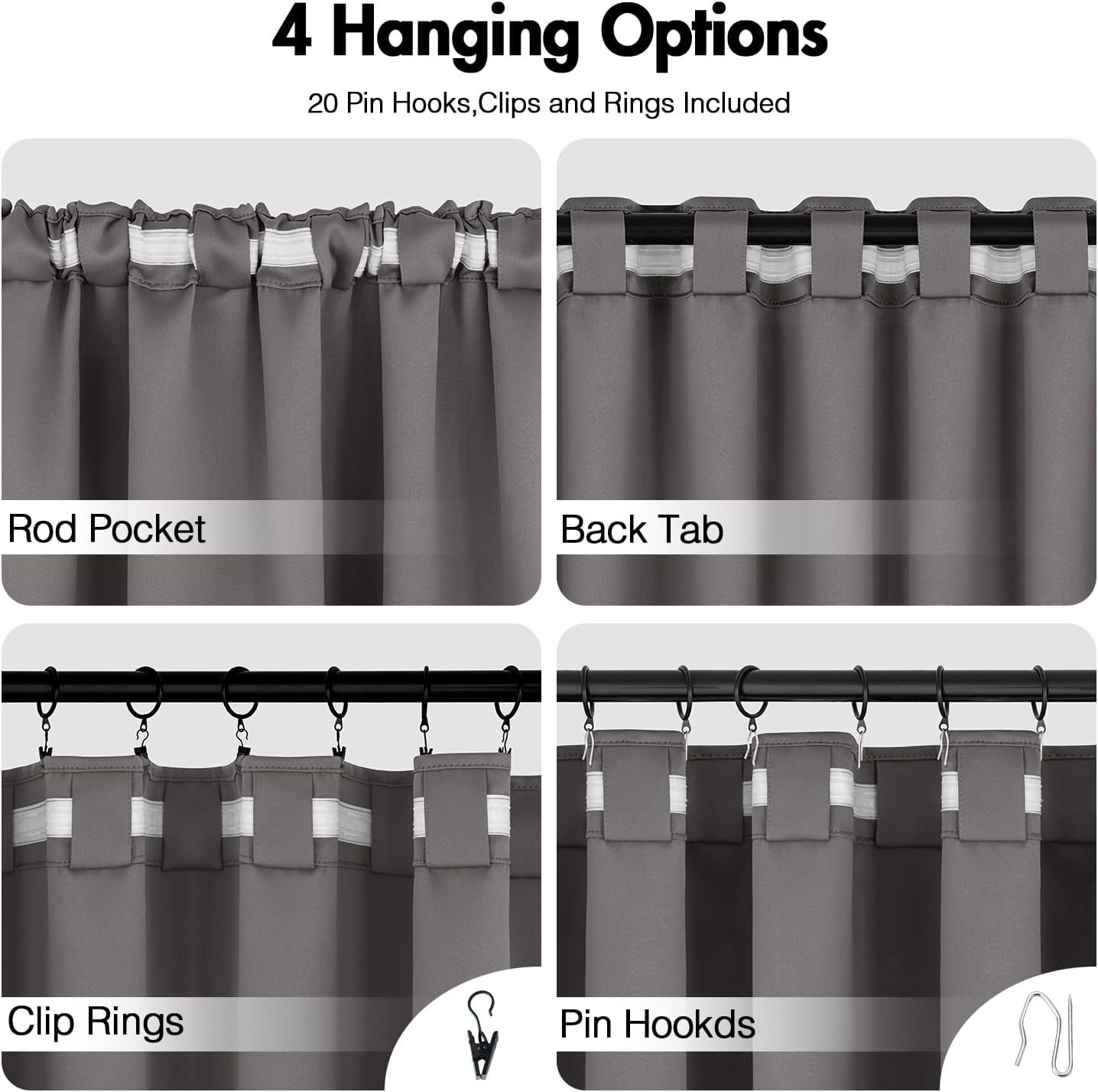 ANRODUO Back Tab Blackout Curtains for Bedroom Living Room, Rod Pocket Pinch Pleated Thermal Insulated Room Darkening Curtains 96 Inches Long 2 Panels, Grey, 42 x 96 Inch