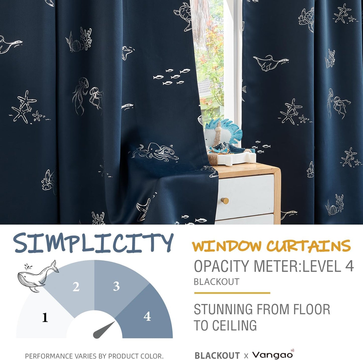 Vangao Kids Curtains for Boys Bedroom Kids Blackout Curtains 84 Inch Length Ocean Aquarium Nursery Drapes for Girls Bedroom Silver Sea Animals Print Thermal Insulated Drapes, Navy Blue 2 Panels