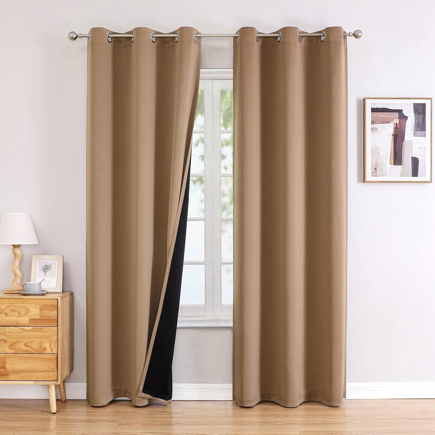 ChrisDowa 100% Blackout Curtains 72 inch Long for Bedroom with Black Liner, 2 Thick Layers Total Blackout Thermal Insulated Grommet Window Curtains 2 Panels Set (Cappuccino, 42 x 72 Inch)