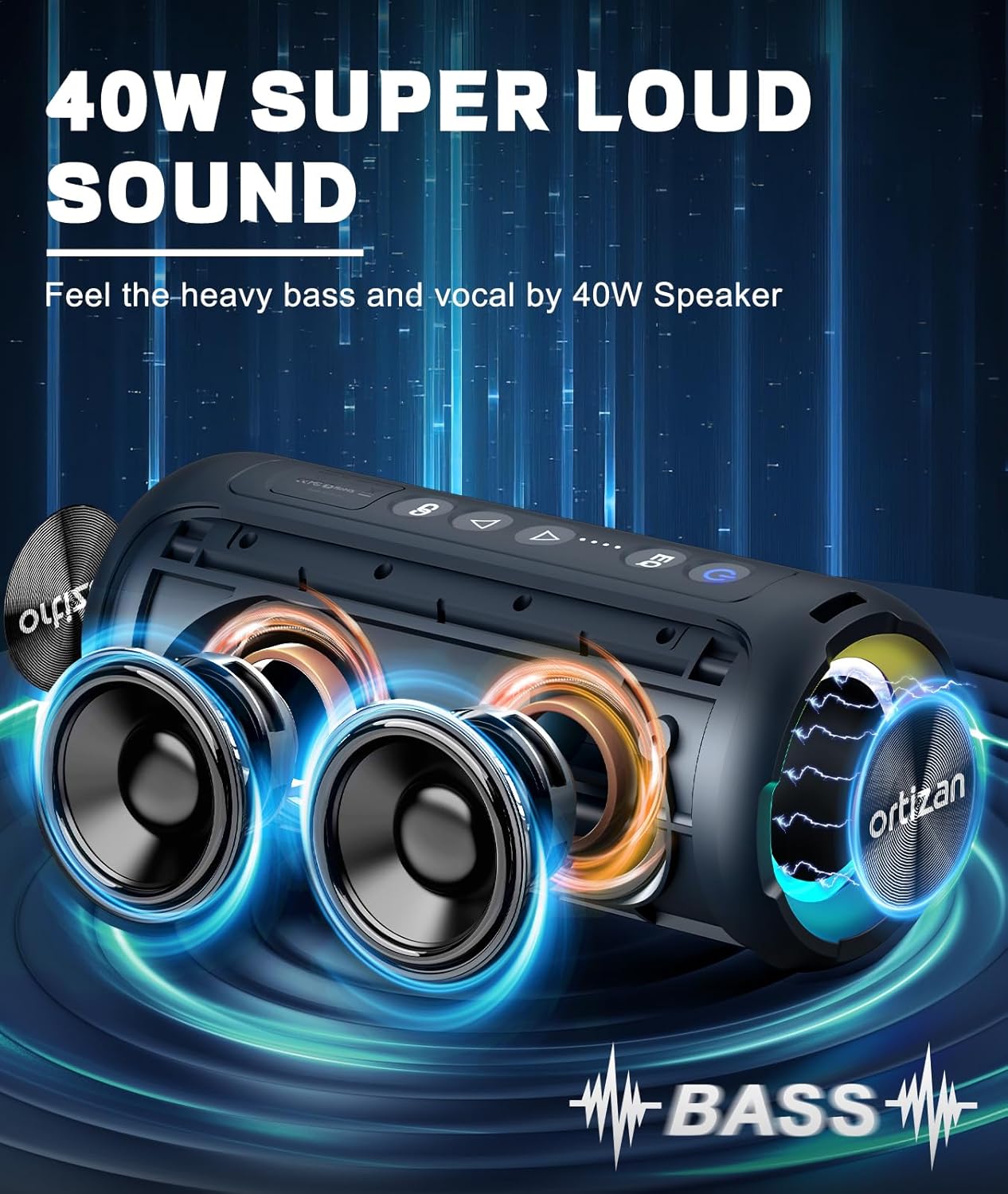 Ortizan Bluetooth Speakers, Portable Wireless Stereo Speaker - IPX7 Waterproof, 30W RMS(40W Peak) Loud Sound, Deep Bass, LED Light, Bluetooth 5.3, for Home/Shower/Outdoor/Beach, Gifts for Adult, Navy