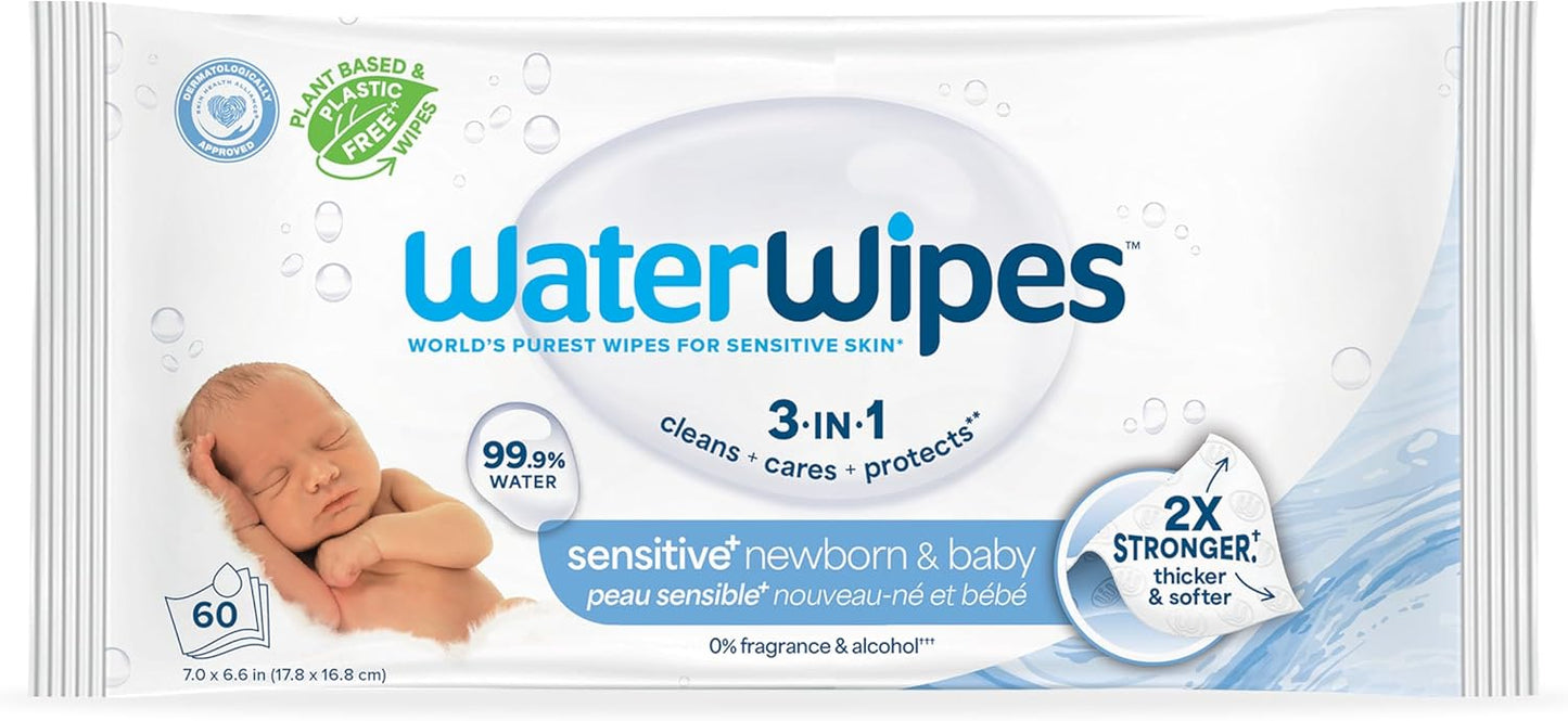 WaterWipes Sensitive+ Newborn & Baby Wipes, 3-In-1 Cleans, Cares, Protects, 99.9% Water, Unscented & Hypoallergenic, 60 Count