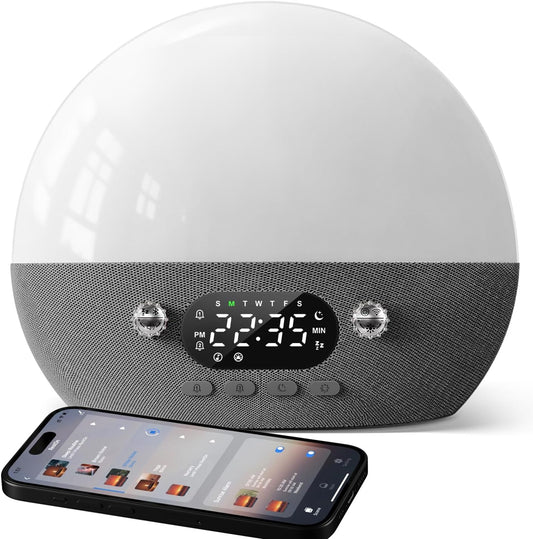 Dekala Smart Sunrise Alarm Clock with Wireless Charging for iPhone 14 13 12 Apple Watch AirPods Samsung, White Noise Sleep Sounds Machine, Nursery Night Light for Heavy Sleeper