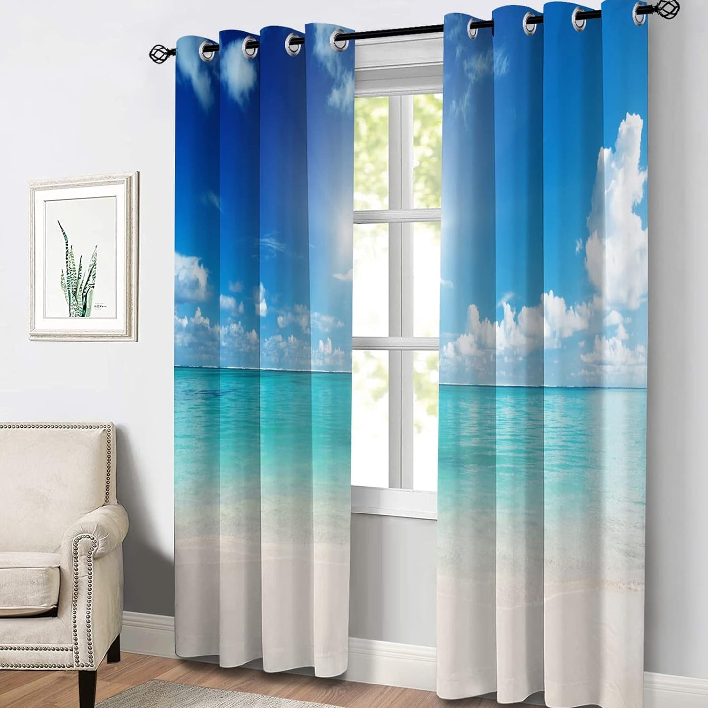 Aimego Ocean Beach Blackout Curtains Tropical Seaside Theme Blue Sea Sky Window Drapes Decor for Bedroom Living Room Grommet Top Room Darkening Curtains 2 Panel Set, 52" X 84"