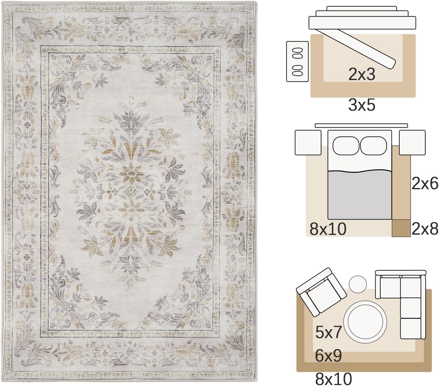 jinchan Vintage Floral Runner Rug 2x6 - Machine Washable Distressed Design Non-Slip Low-Pile Soft Thin Carpet for Hallway Kitchen Farmhouse Bedroom Entryway Laundry Room (2x6ft,Light Grey)