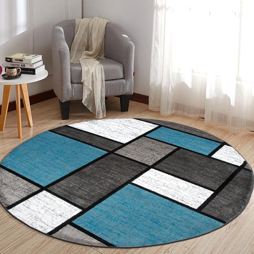 Rugshop Contemporary Modern Boxes for Home Office,Living Room,Bedroom,Kitchen Non Shedding Round Area Rug 8' Blue