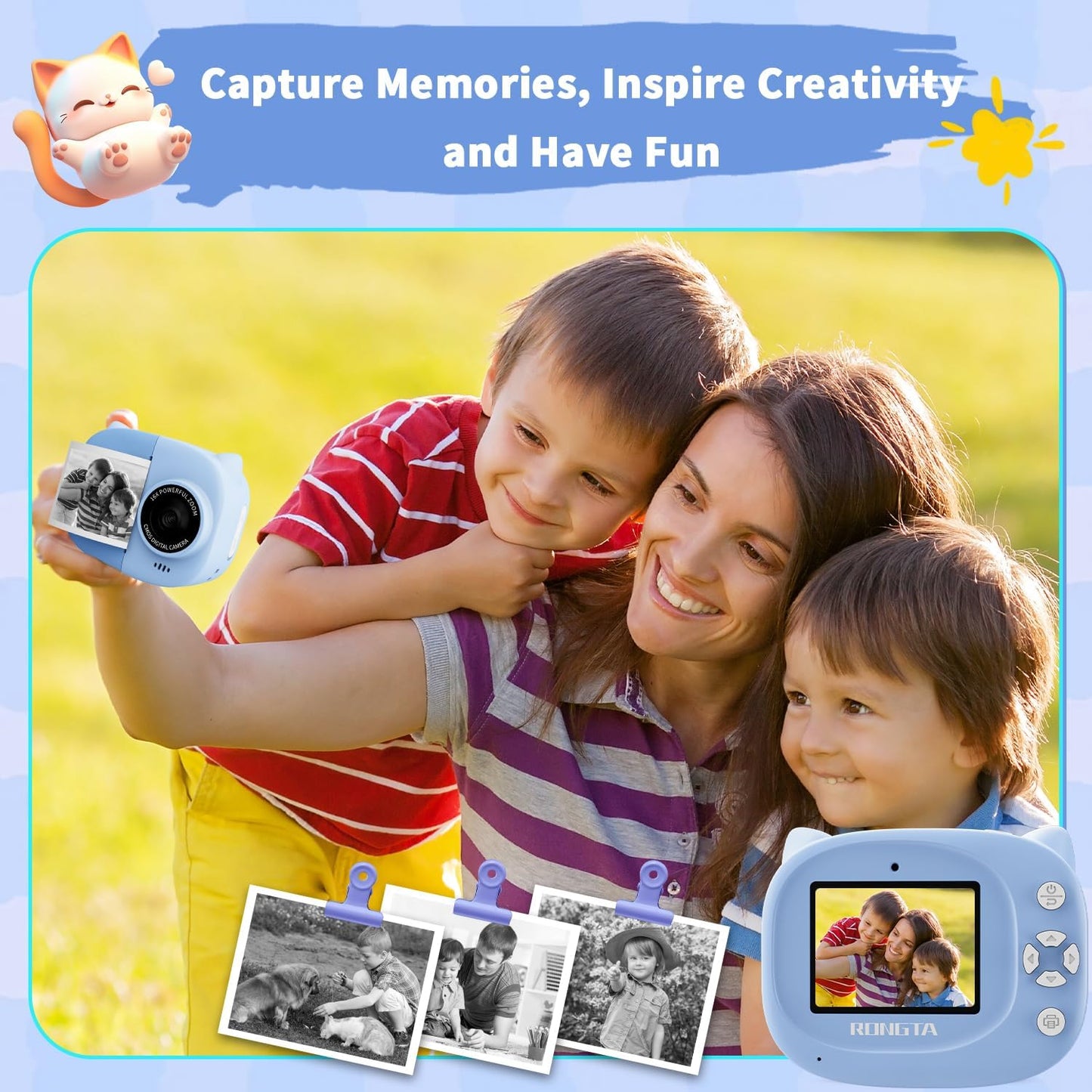 Rongta Kids Camera Instant Print, 1080P Kids Instant Cameras That Print Photos, Christmas Birthday Gifts for Boy Age 3-12, Video Camera Portable Toy for 3 4 5 6 7 8 9 10 Year Old Boy(Blue)