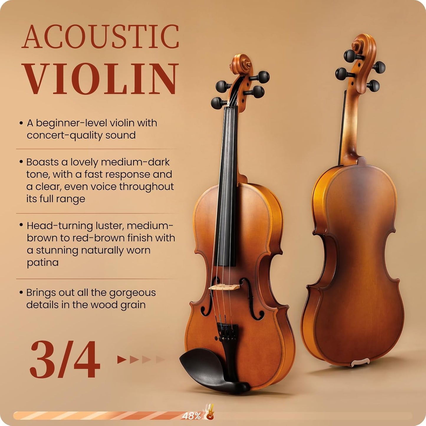 Fesley Violin Fiddle Beginner Set: 3/4 Matt Violin Kit for Student, Acoustic Violin with Hard Case, Solidwood Hand Made Starter Kit with Bow, Rosin, Shoulder Rest, Tuner, Extra Strings