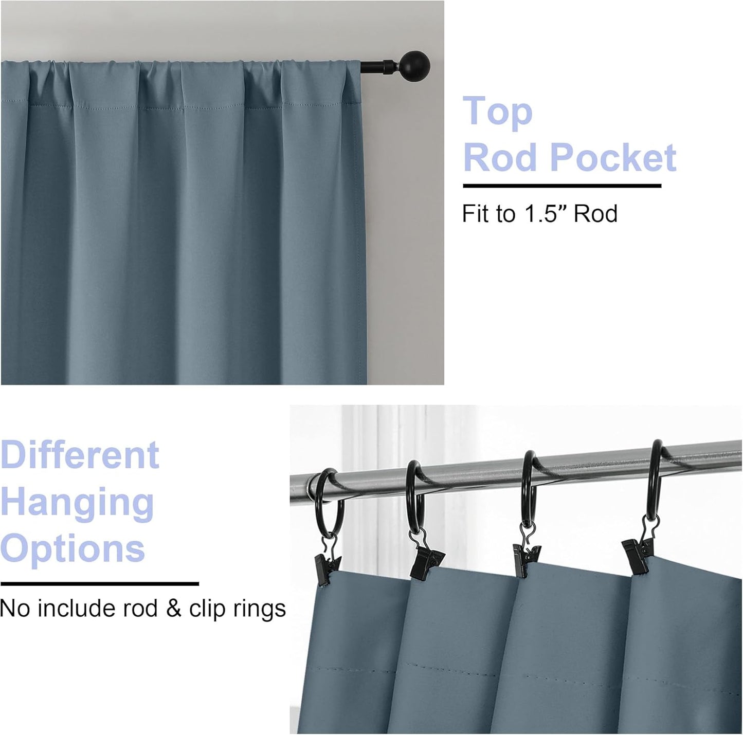 Simplebrand Ava Stone Blue Blackout Curtains for Bedroom 63 Inch Length 2 Panels, Solid Thermal Insulated Energy Saving Rod Pocket Window Treatment Curtains Blackout Drapes, W40 x L63 Inch, Stone Blue