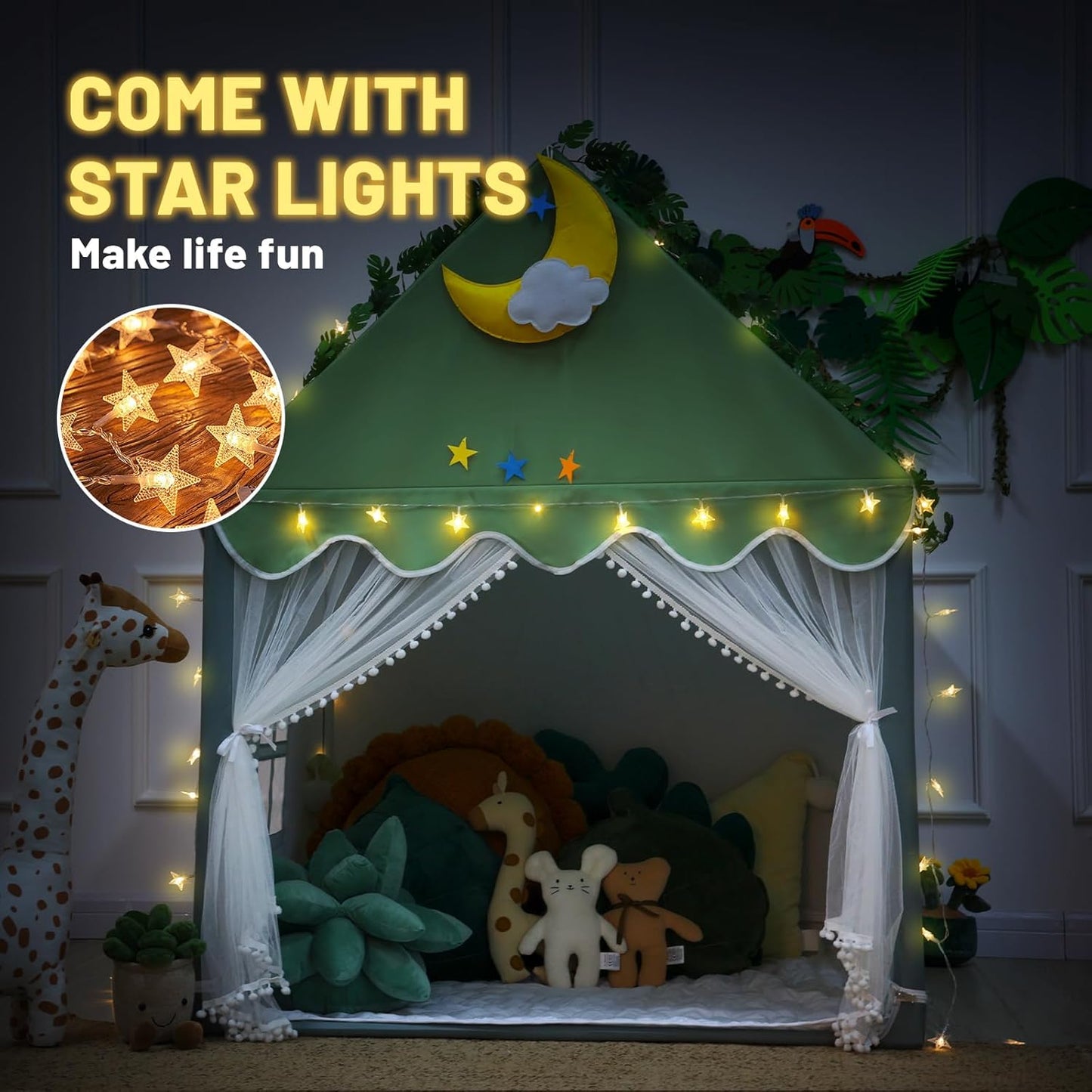 Wilwolfer Kid Tent with Mat, Star Lights - Kids Play Tents for Toddlers Kids Tents Indoor Playhouse - Princess Tent for Girls Toy House Gift (Green with Mesh)