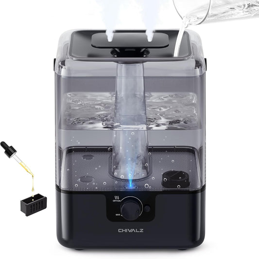 CHIVALZ 6L Humidifiers for Bedroom Large Room Home, Cool Mist Top Fill Humidifiers for Baby Nursery and Plants, 26dB Quiet, Nightlight, Up to 50 Hours, Oil Diffuser 1 Pack + 2 Mist Outlets Black