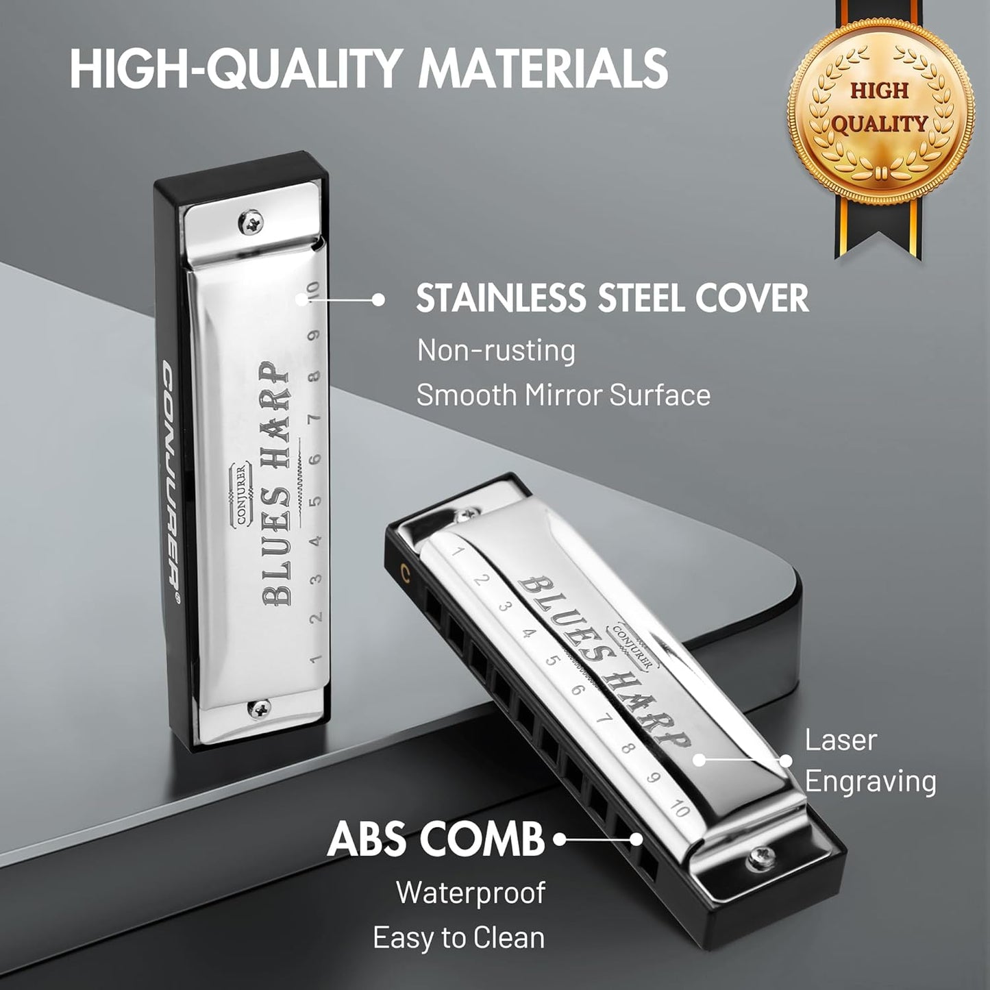 CONJURER Blues Harmonica for Beginners, 10 Hole Bb Key Diatonic Blues Harp with Stainless Steel Cover & Phosphor Bronze Reeds, Professional Grade for Adults, Gifts (Silver Bb）