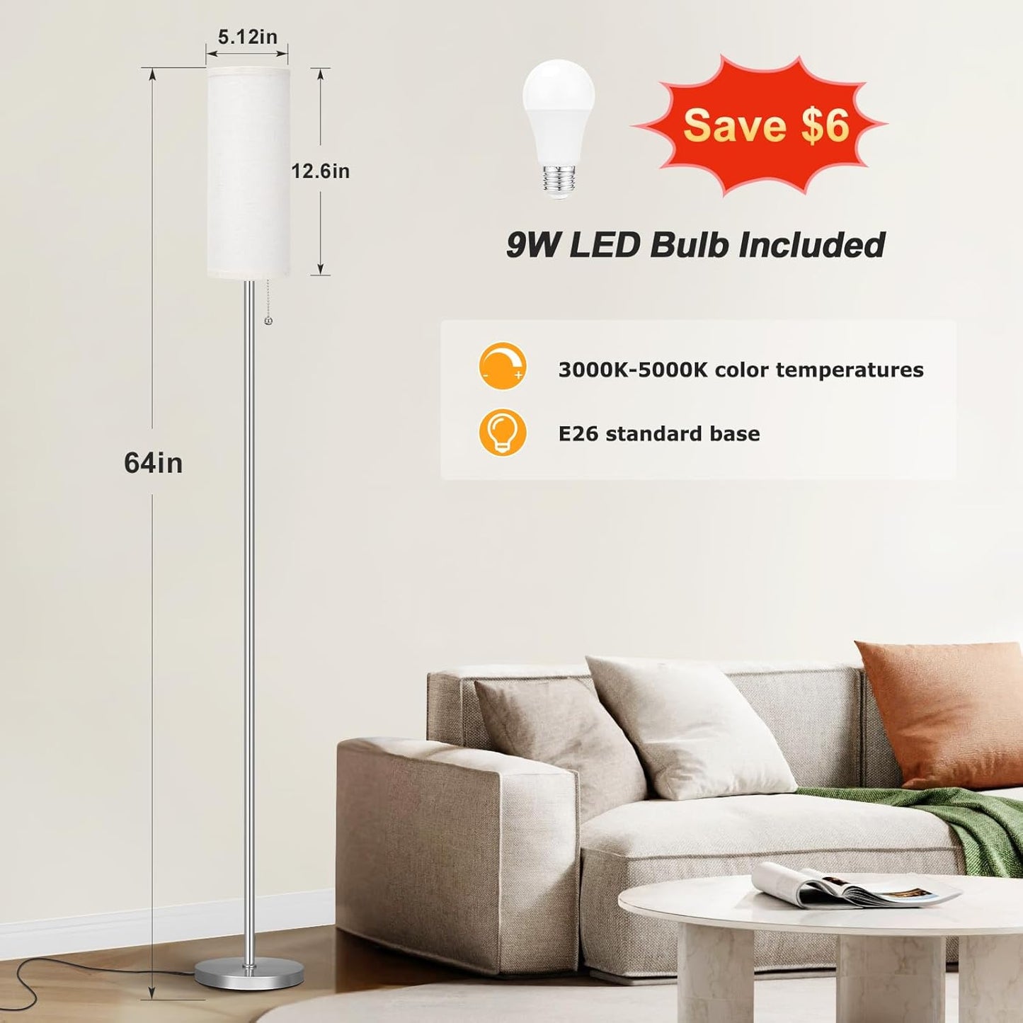 Ambimall Floor Lamp for Living Room with 3 Color Temperatures Bulb, 64" Standing lamp with Linen lampshade for Bedroom, Minimalist Pole Lamp, Beige Shade & Silver Pole