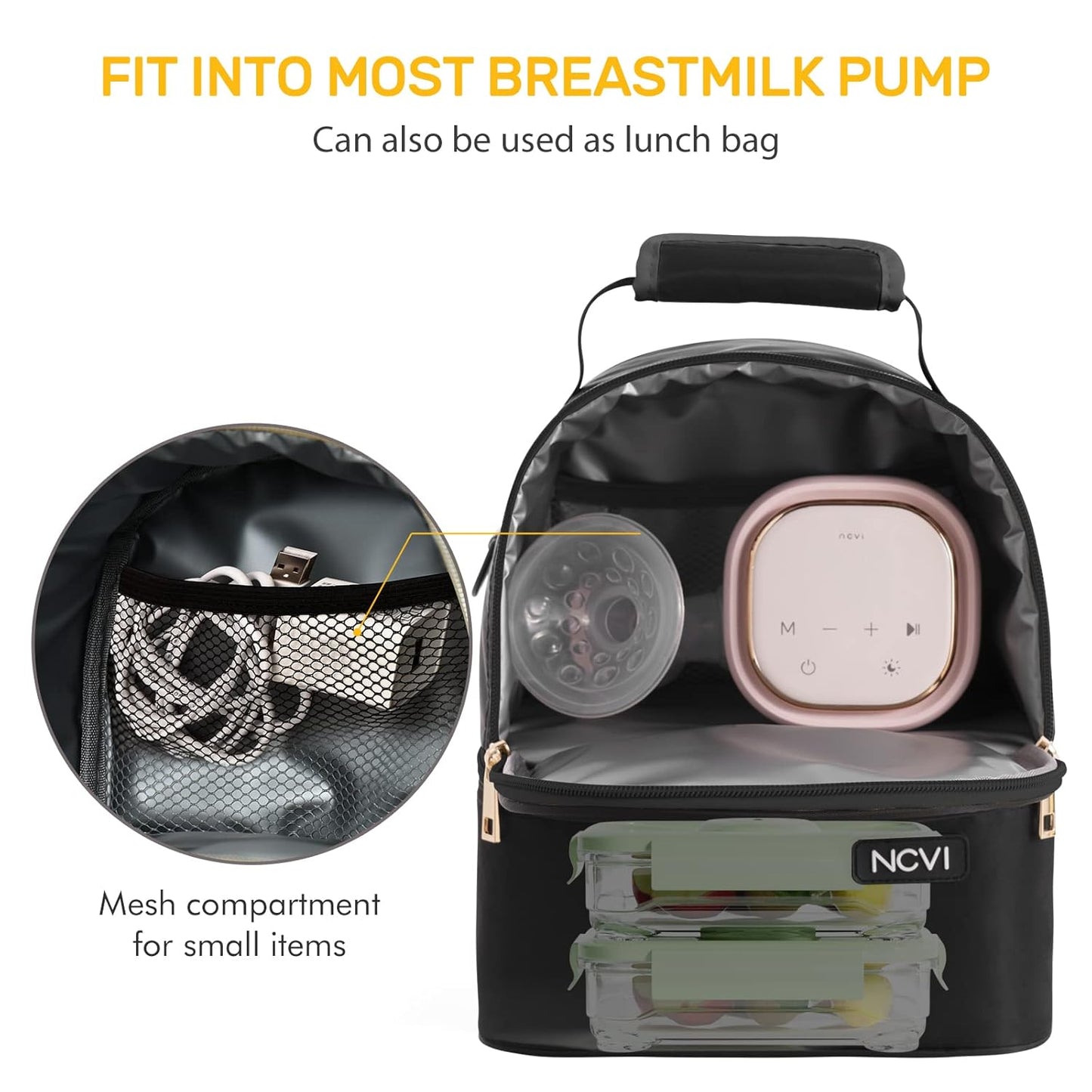 NCVI Breastmilk Cooler Bag with 2 Ice Pack, Breast Pump Bag with Cooler Fits 6 Bottles, Double Layer Breast Milk Baby Bottle Cooler Bag, for Travel, Nursing Mom Daycare, Work, Picnic (Black)