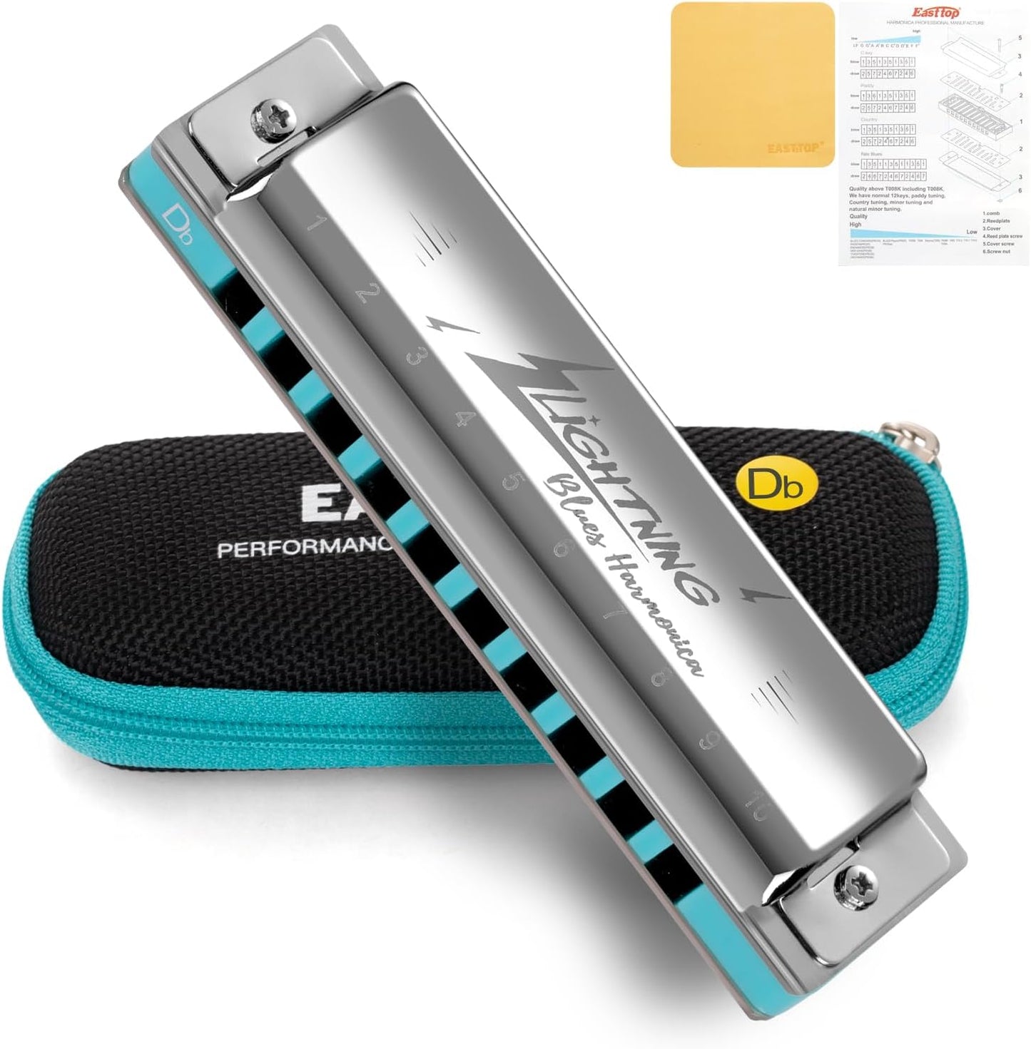 East top Harmonica, Advanced Diatonic Harmonica Key of Db, 10 Holes Blues Harp Mouth Organ Harmonica with Silver Cover, Blues Harmonicas For Adults, Professionals and Students