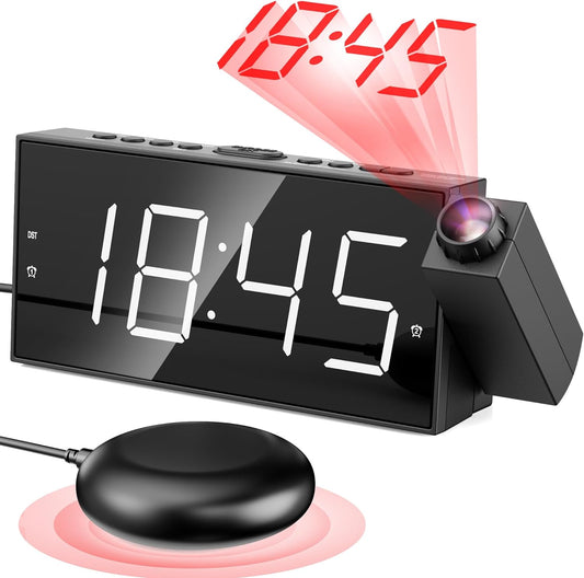 Projection Digital Alarm Clock with Bed Shaker for Bedroom, Extra Loud Alarm Clock for Heavy Sleeper, 180° Rotable Ceiling Projector Clock,2 Alarm,5 Dimmer Volume,USB Charger, Battery Backup,12/24H…