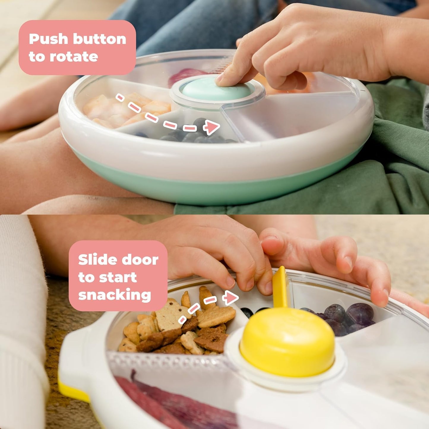 GoBe Kids Large Snack Spinner Slide Bundle with Hand Strap and Sticker Sheet - Reusable Snack Container with 4 Compartment Dispenser and Lid | BPA/PVC Free | Dishwasher Safe | No Spill - Taro Purple